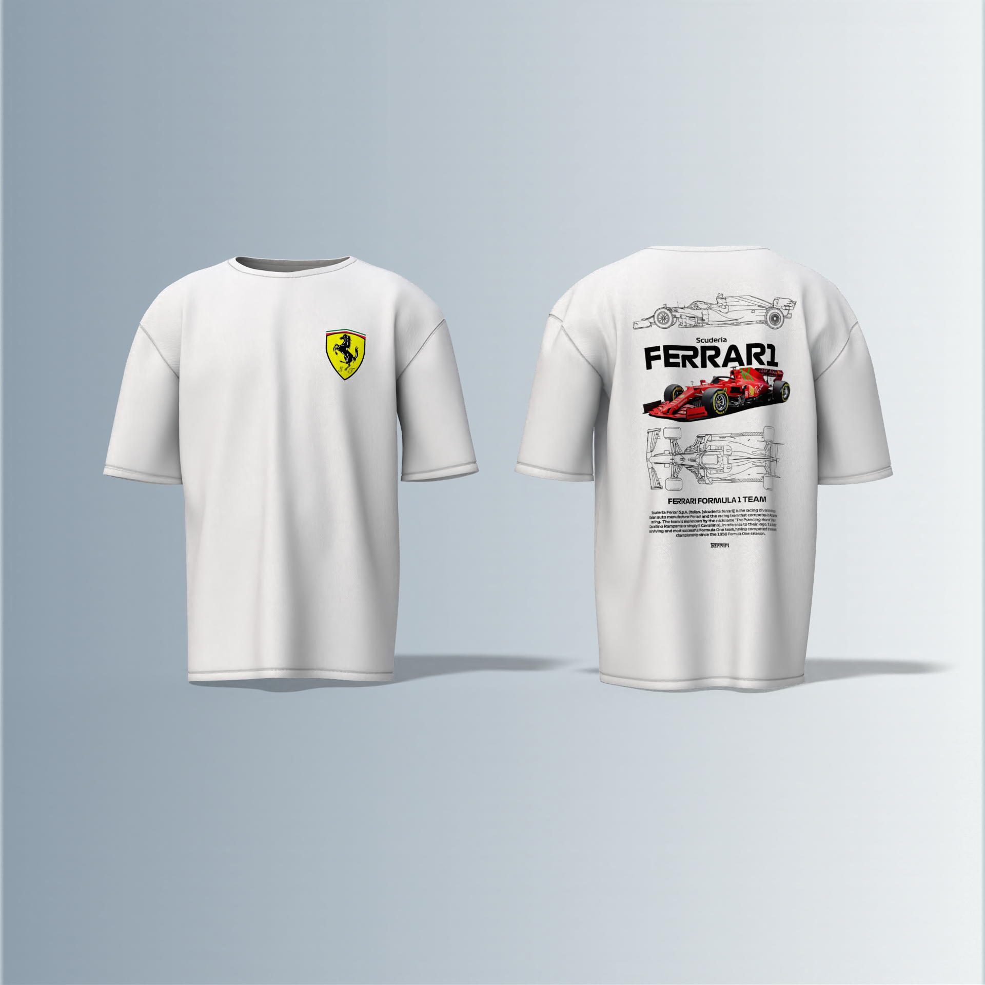 "Oversized Motorsport Streetwear T-Shirt – Scuderia Ferrari F1-Inspired Design with Technical Car Blueprints & Racing Graphics"