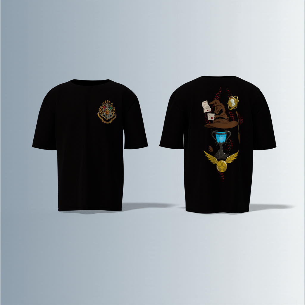 "Oversized Wizarding Streetwear T-Shirt – Minimal Front Crest Featuring Magical School Emblem Inspired by Fantasy Lore"