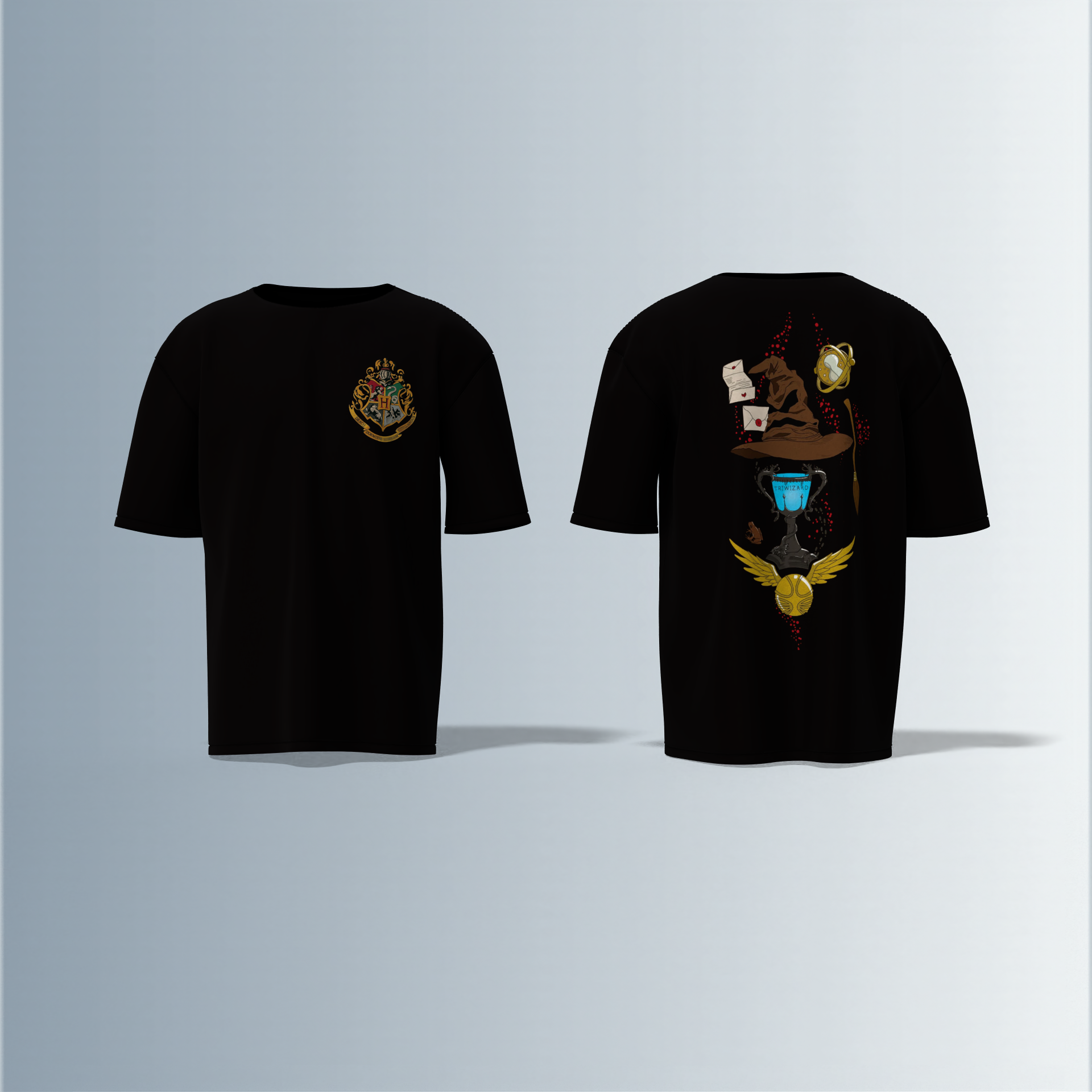 "Oversized Wizarding Streetwear T-Shirt – Minimal Front Crest Featuring Magical School Emblem Inspired by Fantasy Lore"