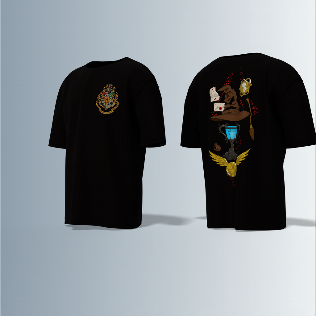 "Oversized Wizarding Streetwear T-Shirt – Minimal Front Crest Featuring Magical School Emblem Inspired by Fantasy Lore"