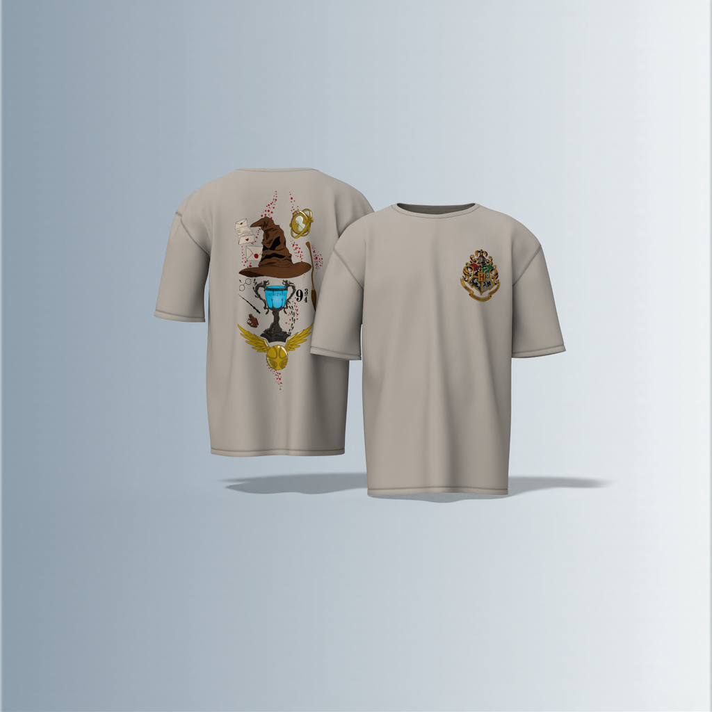 "Oversized Wizarding Streetwear T-Shirt – Minimal Front Crest Featuring Magical School Emblem Inspired by Fantasy Lore"