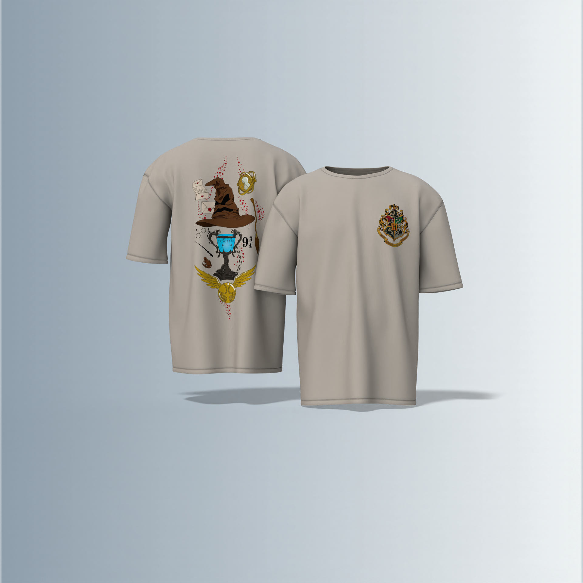 "Oversized Wizarding Streetwear T-Shirt – Minimal Front Crest Featuring Magical School Emblem Inspired by Fantasy Lore"