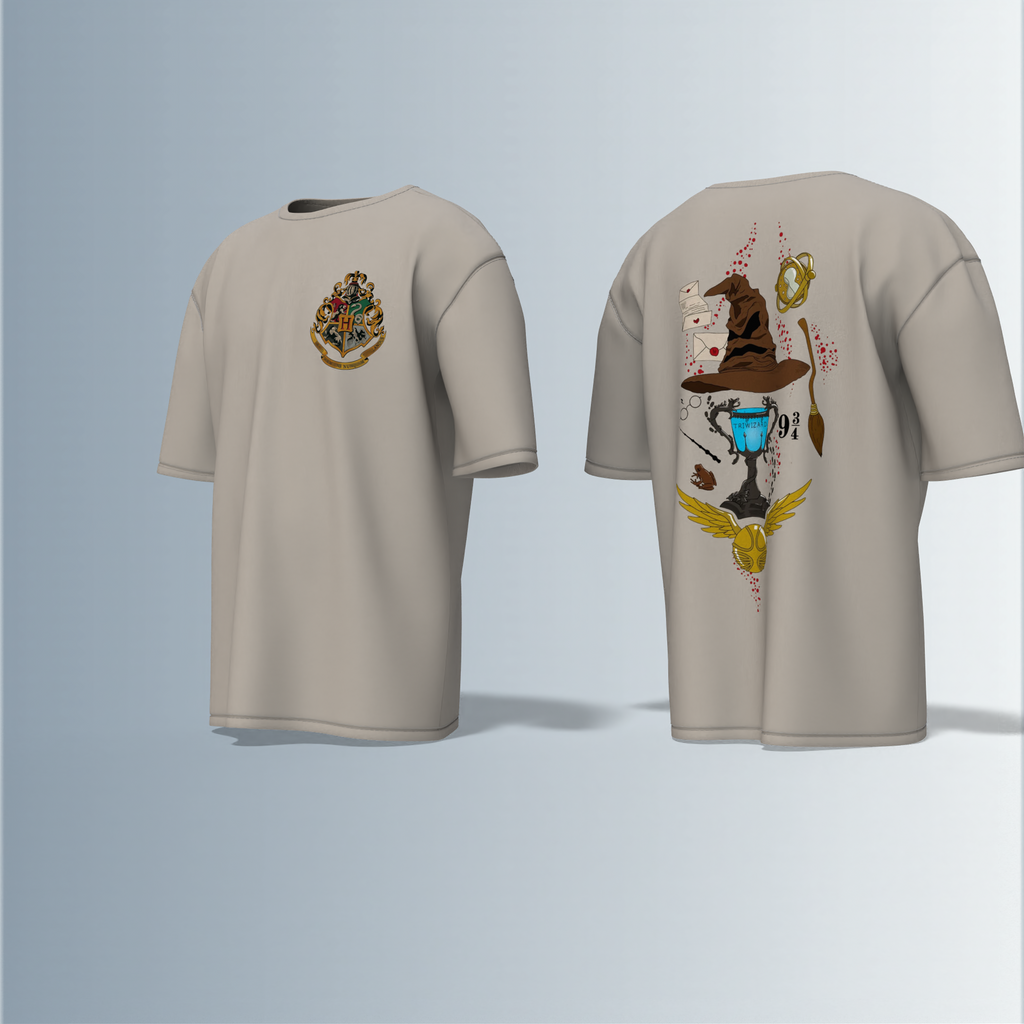 "Oversized Wizarding Streetwear T-Shirt – Minimal Front Crest Featuring Magical School Emblem Inspired by Fantasy Lore"