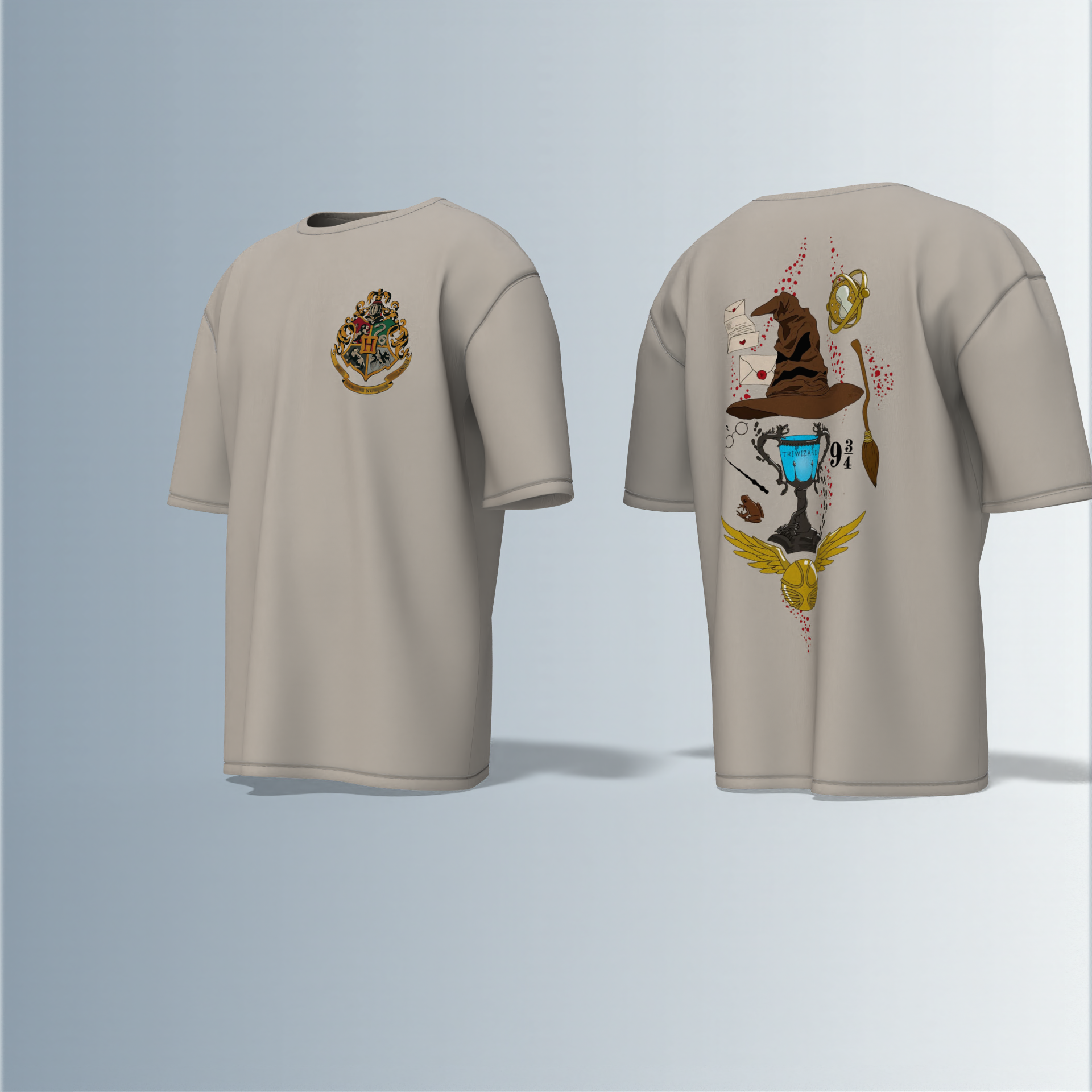 "Oversized Wizarding Streetwear T-Shirt – Minimal Front Crest Featuring Magical School Emblem Inspired by Fantasy Lore"