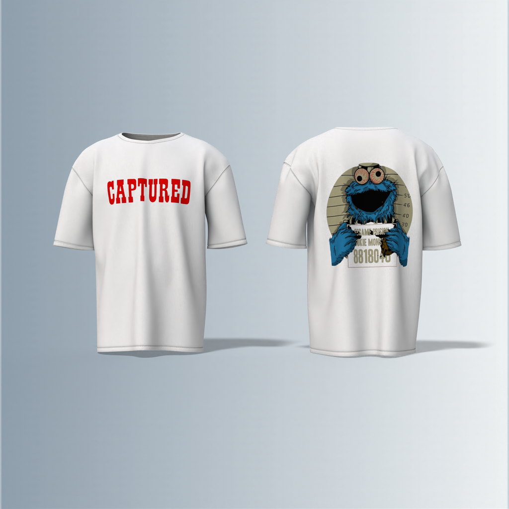 "Oversized Cartoon Mugshot T-Shirt – Bold ‘Captured’ Front Print with Comic-Style Arrested Cookie Character Back Graphic"