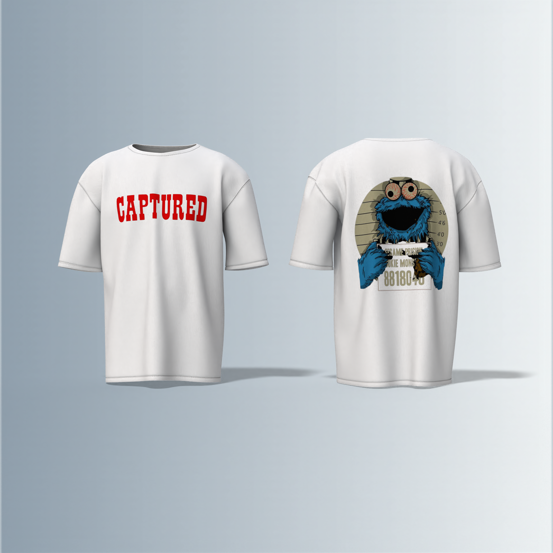 "Oversized Cartoon Mugshot T-Shirt – Bold ‘Captured’ Front Print with Comic-Style Arrested Cookie Character Back Graphic"