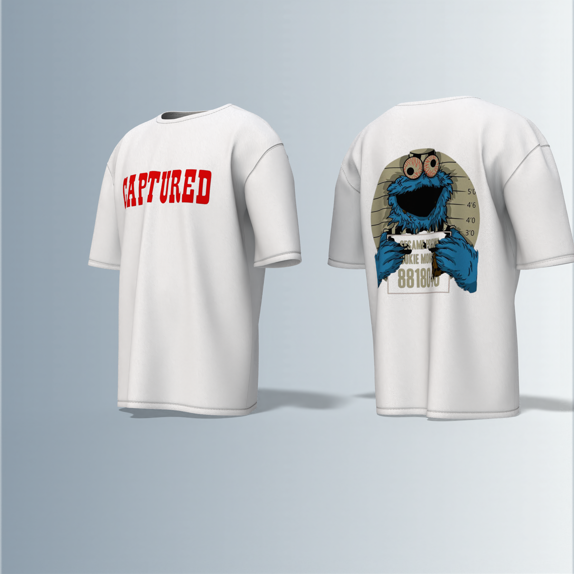 "Oversized Cartoon Mugshot T-Shirt – Bold ‘Captured’ Front Print with Comic-Style Arrested Cookie Character Back Graphic"