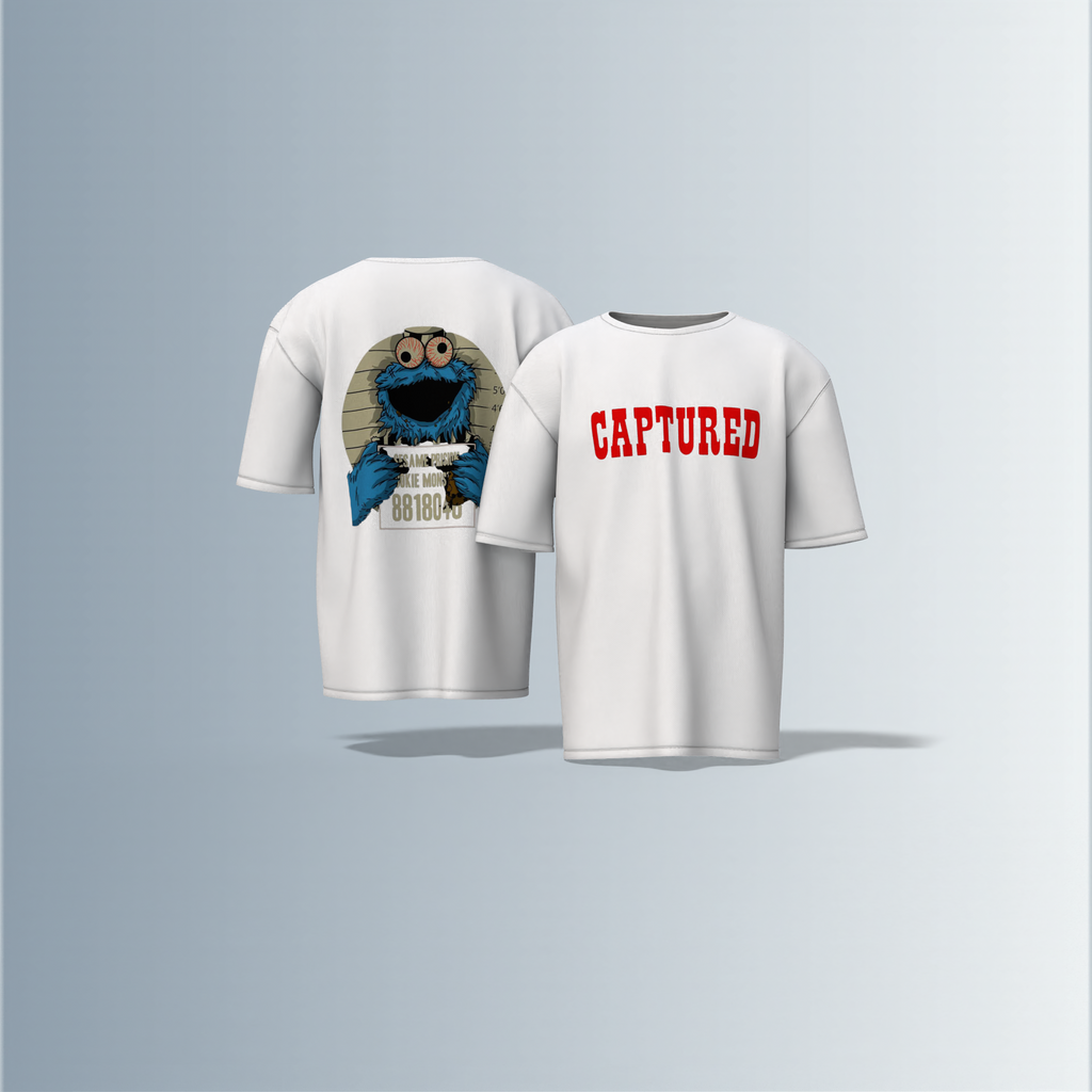 "Oversized Cartoon Mugshot T-Shirt – Bold ‘Captured’ Front Print with Comic-Style Arrested Cookie Character Back Graphic"