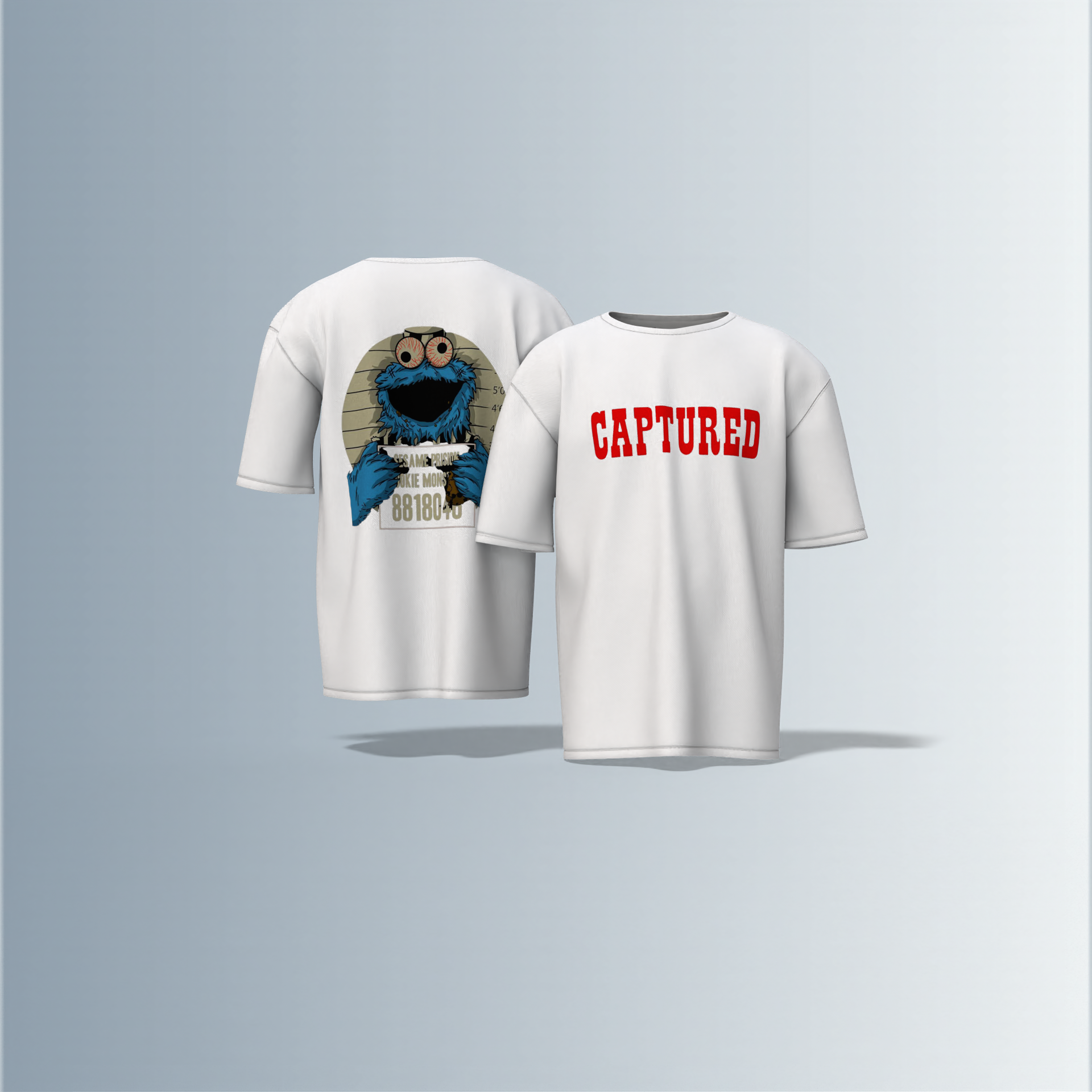 "Oversized Cartoon Mugshot T-Shirt – Bold ‘Captured’ Front Print with Comic-Style Arrested Cookie Character Back Graphic"