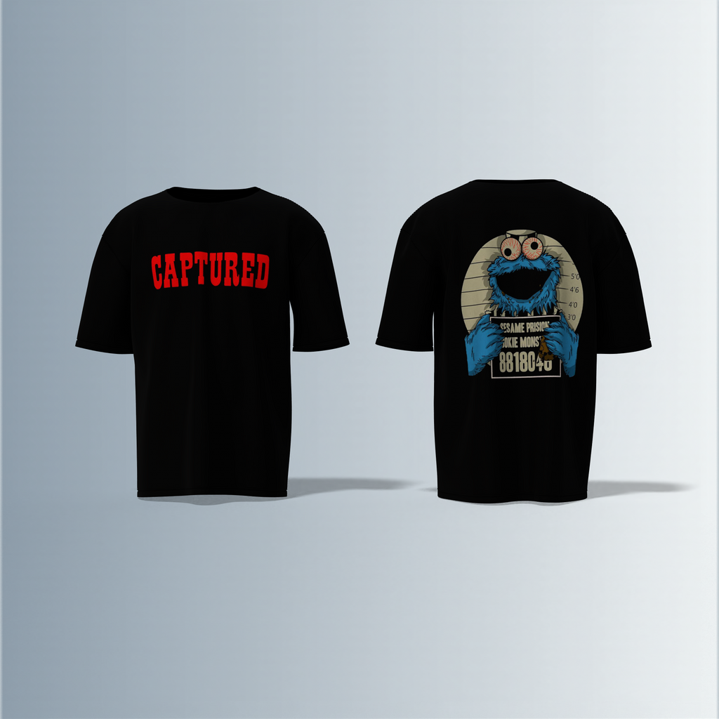 "Oversized Cartoon Mugshot T-Shirt – Bold ‘Captured’ Front Print with Comic-Style Arrested Cookie Character Back Graphic"
