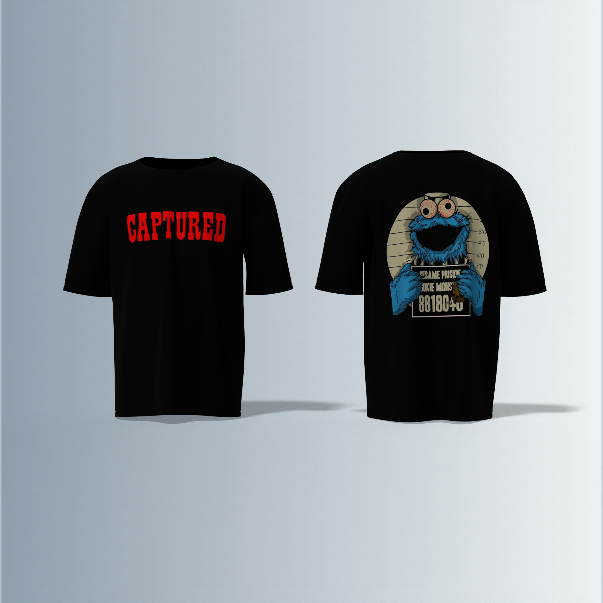 "Oversized Cartoon Mugshot T-Shirt – Bold ‘Captured’ Front Print with Comic-Style Arrested Cookie Character Back Graphic"