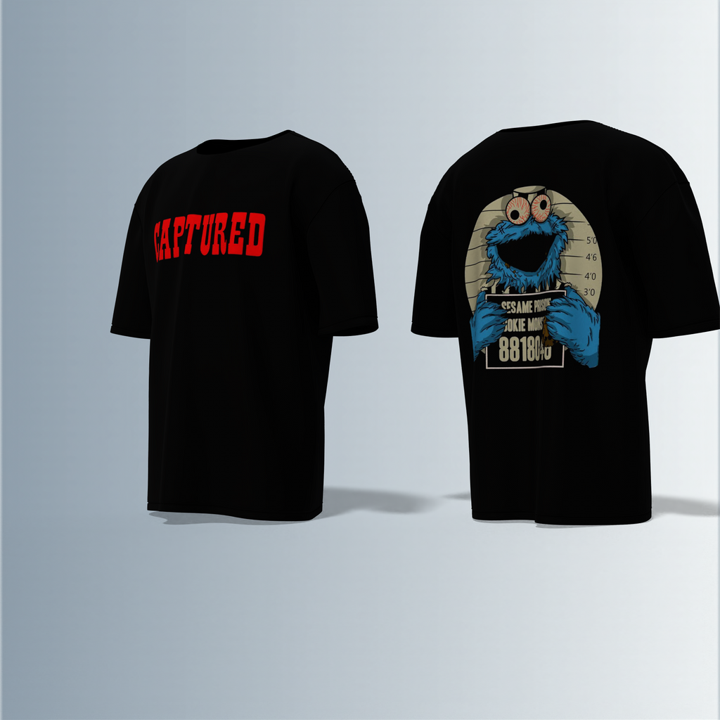 "Oversized Cartoon Mugshot T-Shirt – Bold ‘Captured’ Front Print with Comic-Style Arrested Cookie Character Back Graphic"