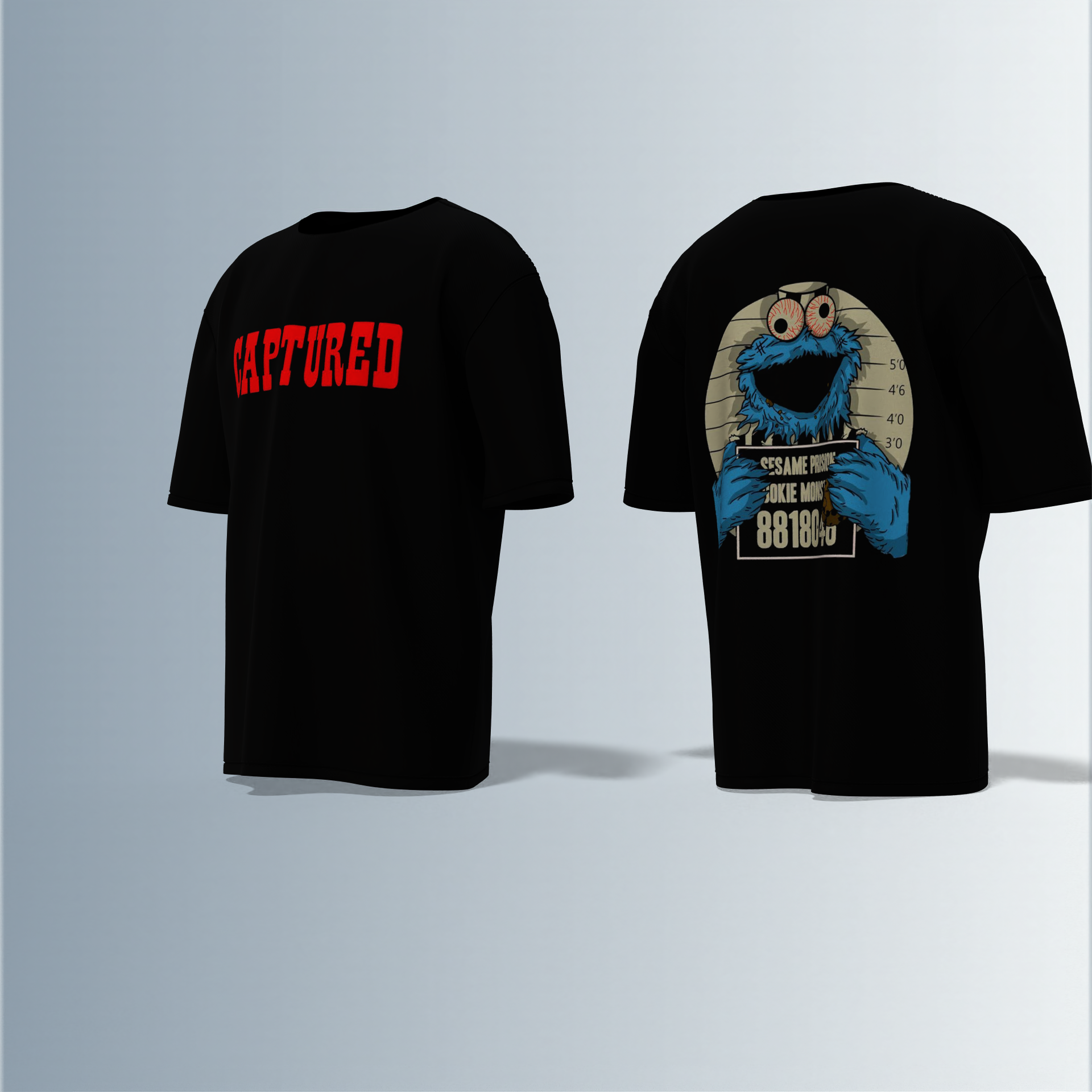 "Oversized Cartoon Mugshot T-Shirt – Bold ‘Captured’ Front Print with Comic-Style Arrested Cookie Character Back Graphic"