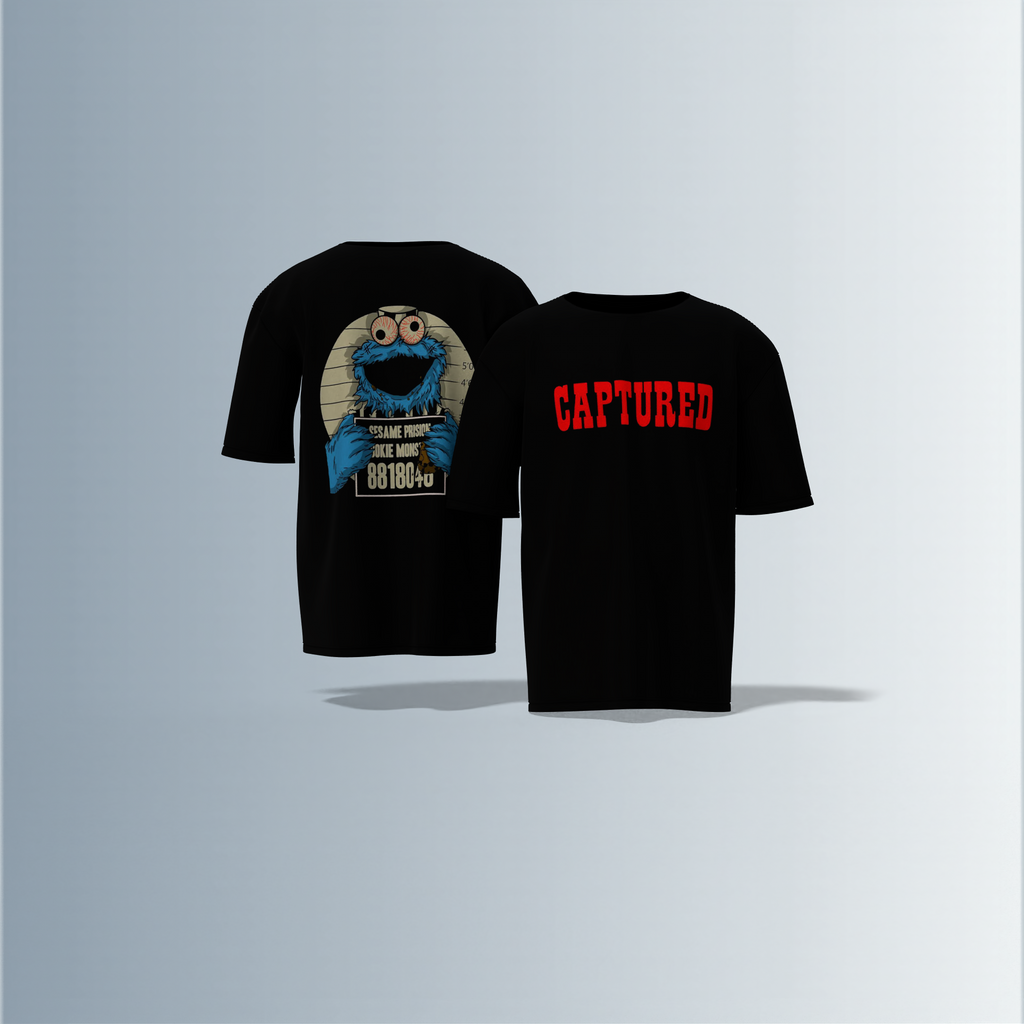 "Oversized Cartoon Mugshot T-Shirt – Bold ‘Captured’ Front Print with Comic-Style Arrested Cookie Character Back Graphic"