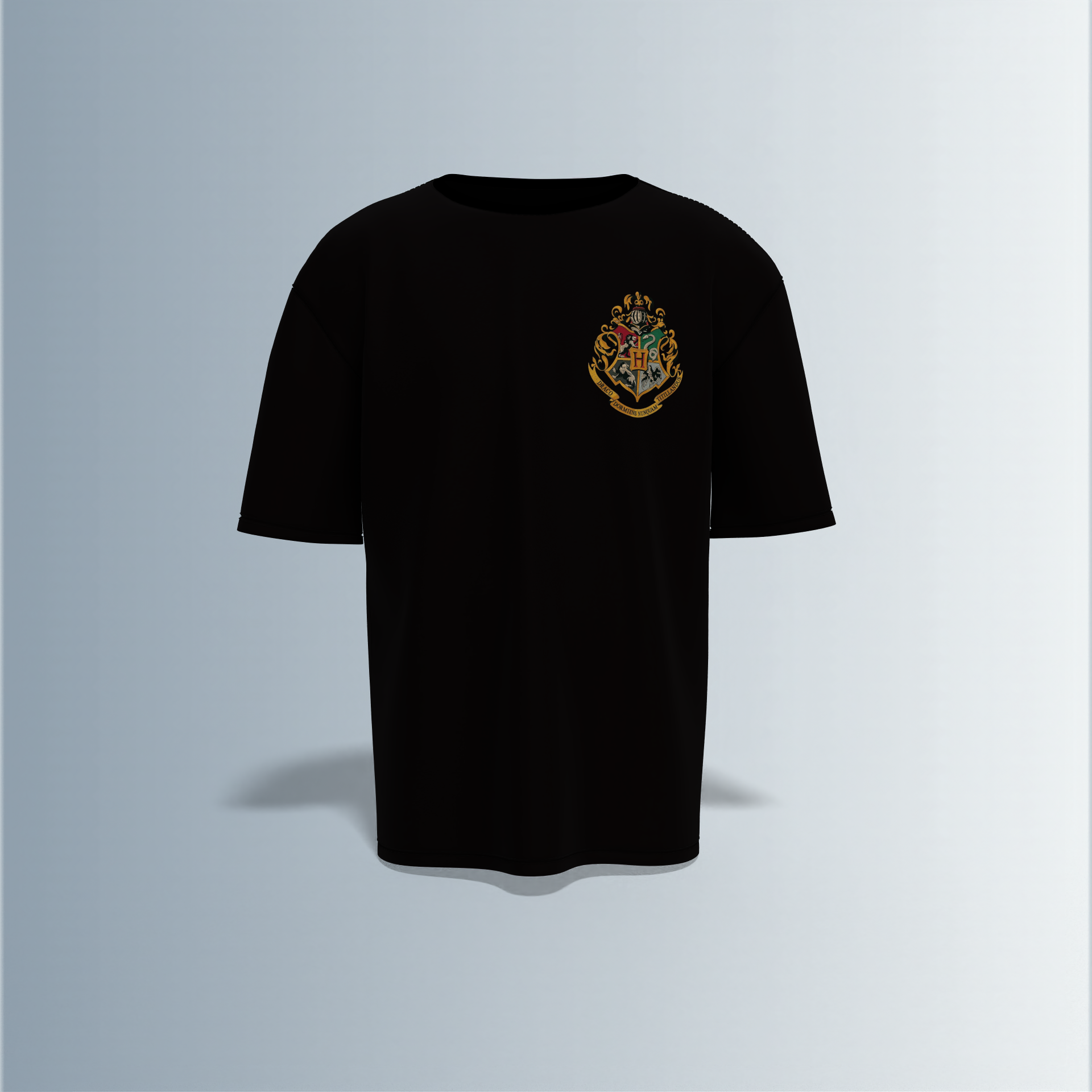 "Oversized Wizarding Streetwear T-Shirt – Minimal Front Crest Featuring Magical School Emblem Inspired by Fantasy Lore"