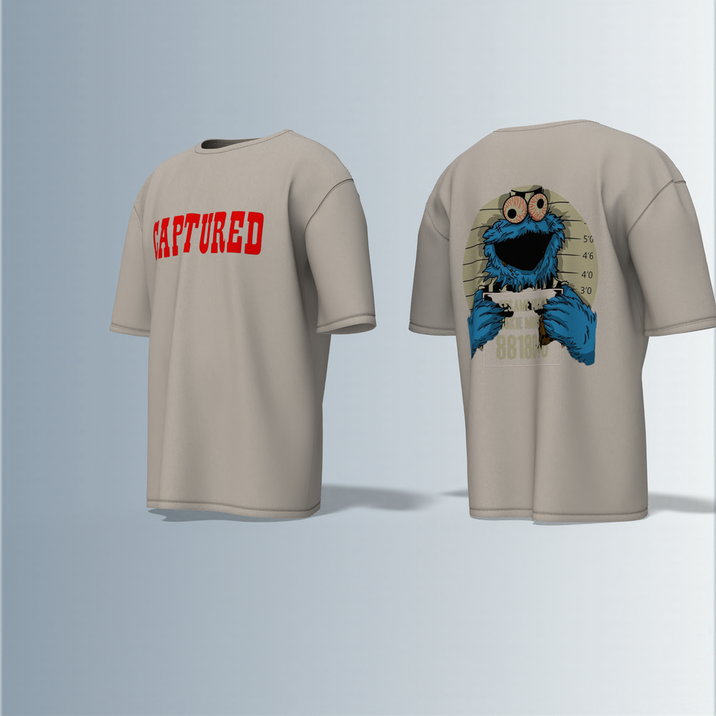 "Oversized Cartoon Mugshot T-Shirt – Bold ‘Captured’ Front Print with Comic-Style Arrested Cookie Character Back Graphic"