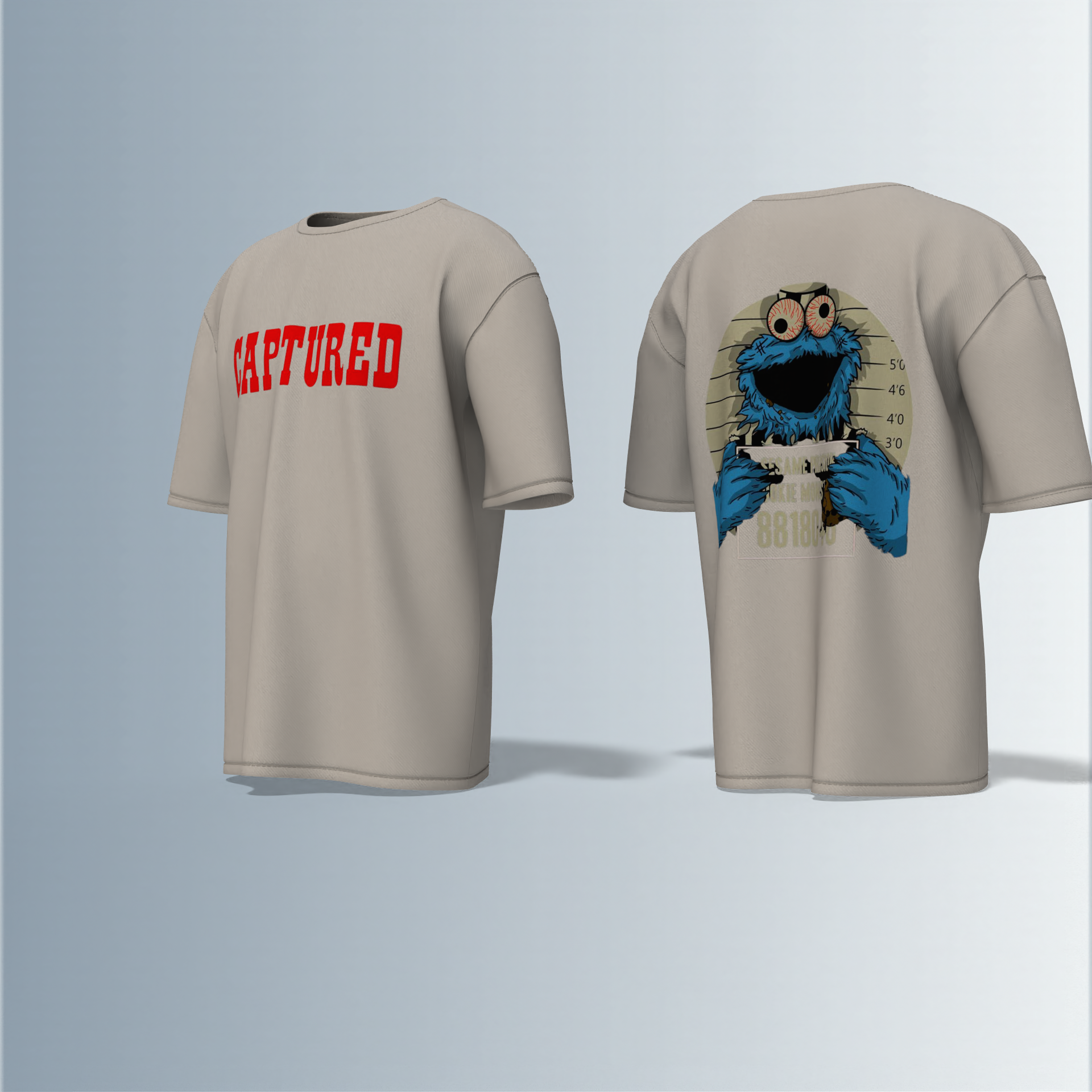 "Oversized Cartoon Mugshot T-Shirt – Bold ‘Captured’ Front Print with Comic-Style Arrested Cookie Character Back Graphic"