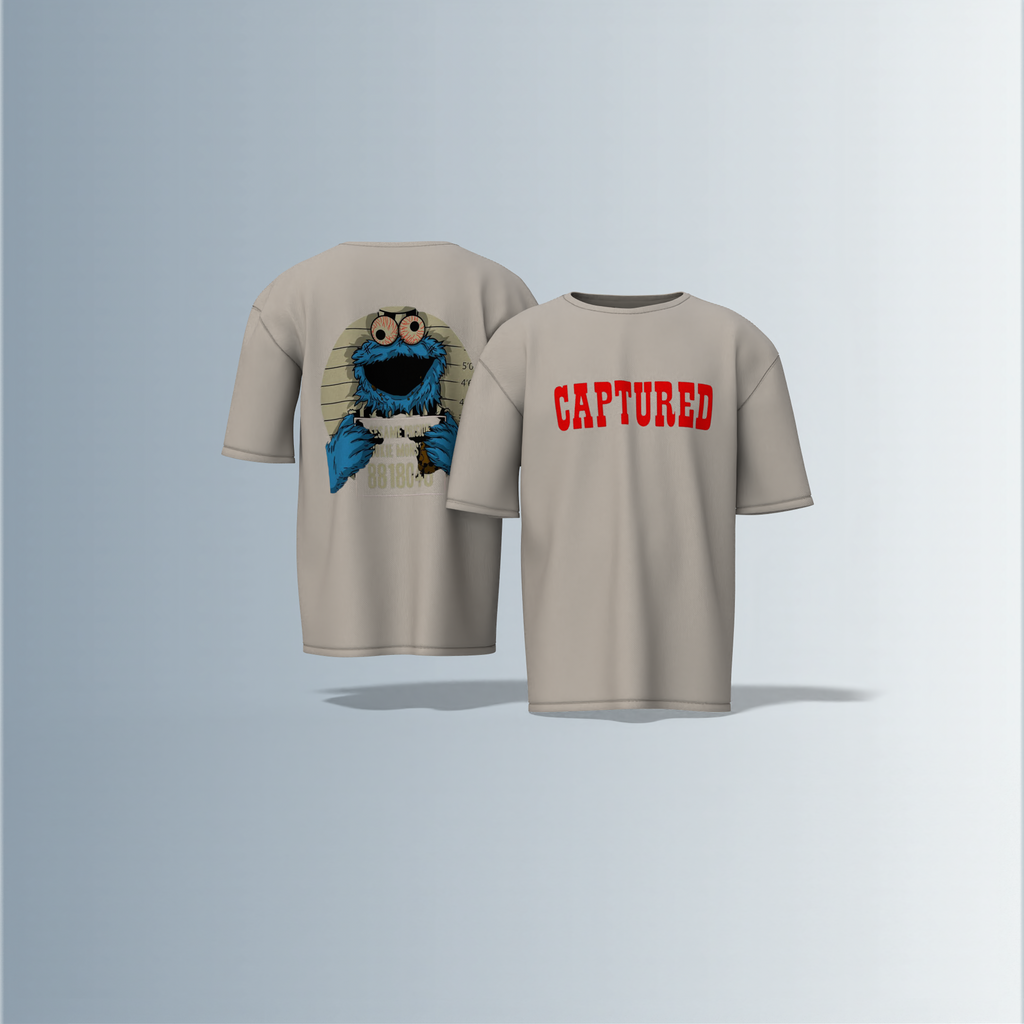 "Oversized Cartoon Mugshot T-Shirt – Bold ‘Captured’ Front Print with Comic-Style Arrested Cookie Character Back Graphic"