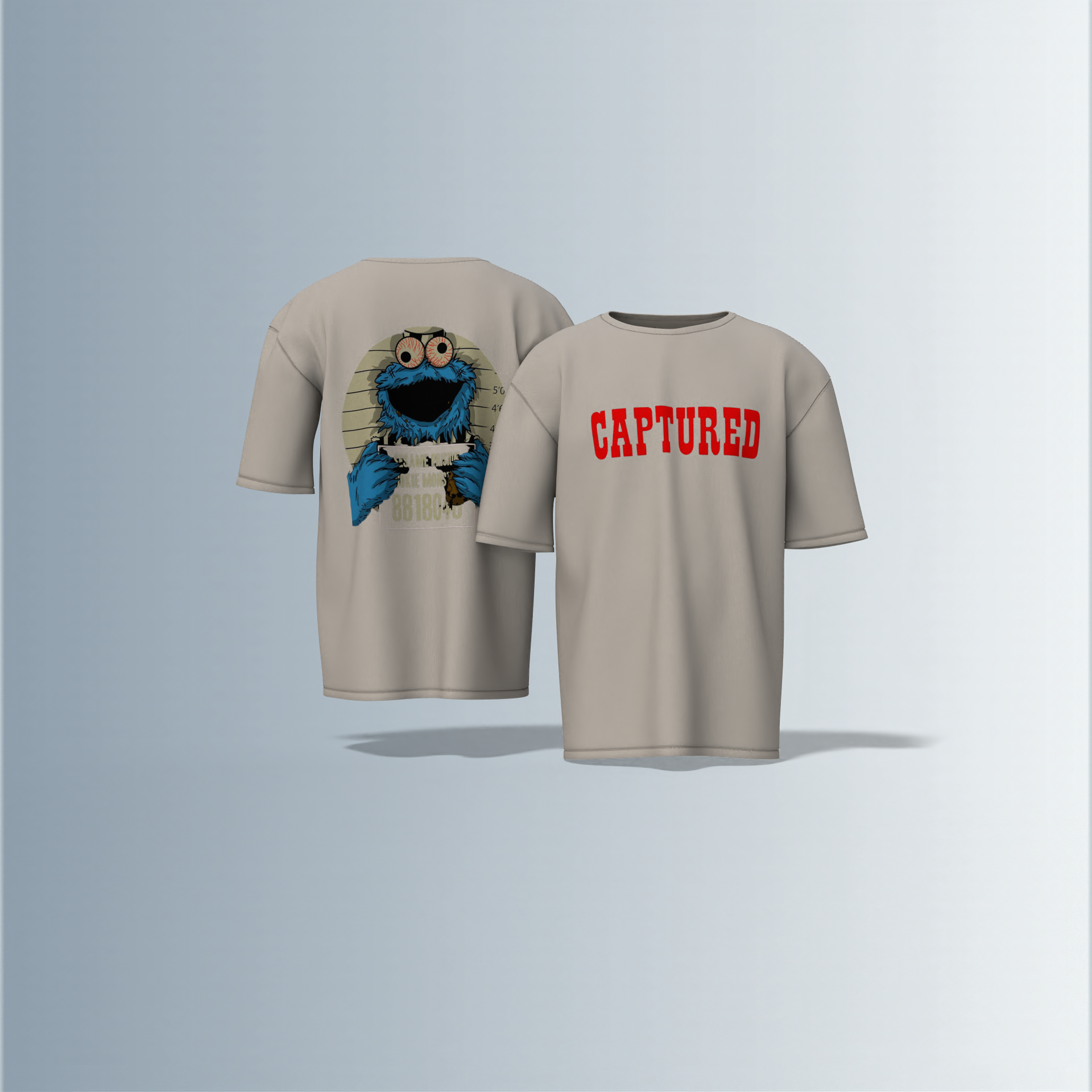 "Oversized Cartoon Mugshot T-Shirt – Bold ‘Captured’ Front Print with Comic-Style Arrested Cookie Character Back Graphic"