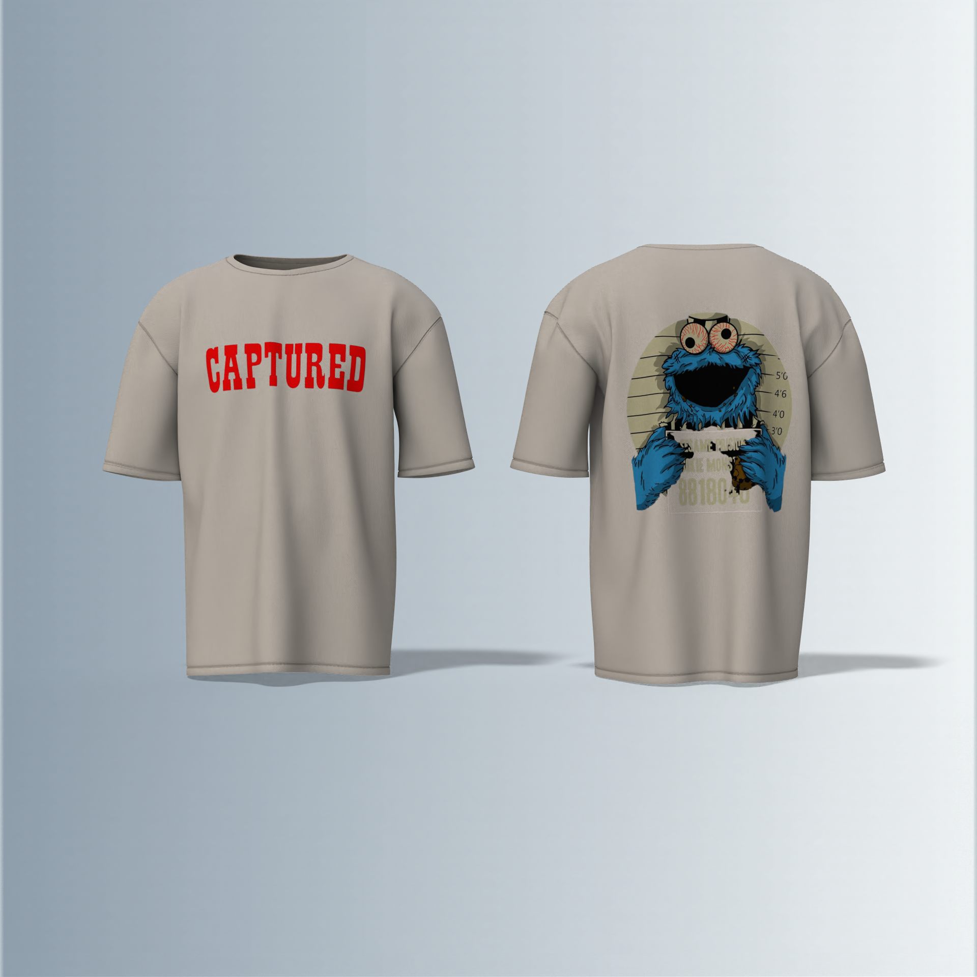 "Oversized Cartoon Mugshot T-Shirt – Bold ‘Captured’ Front Print with Comic-Style Arrested Cookie Character Back Graphic"