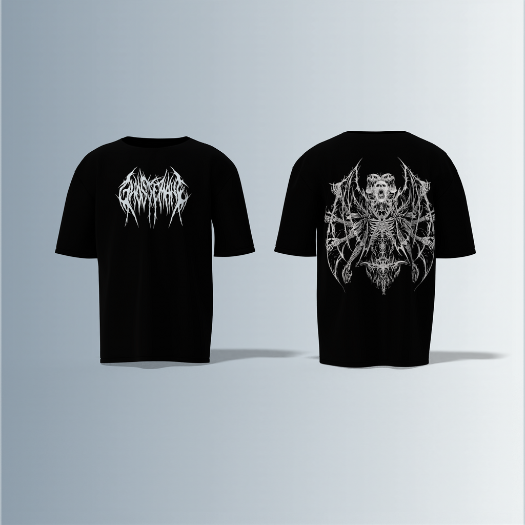 "Electric 'Soul Screamer’ Oversized Tee – Gothic Demon Skeleton with Winged Inferno Back Print & Drip Metal Front Logo"