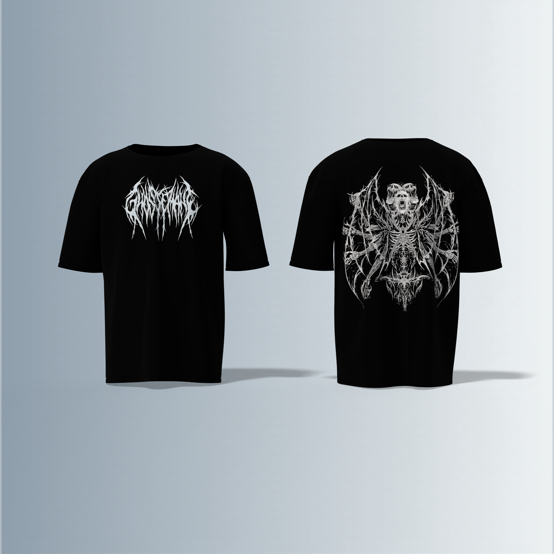 "Electric 'Soul Screamer’ Oversized Tee – Gothic Demon Skeleton with Winged Inferno Back Print & Drip Metal Front Logo"