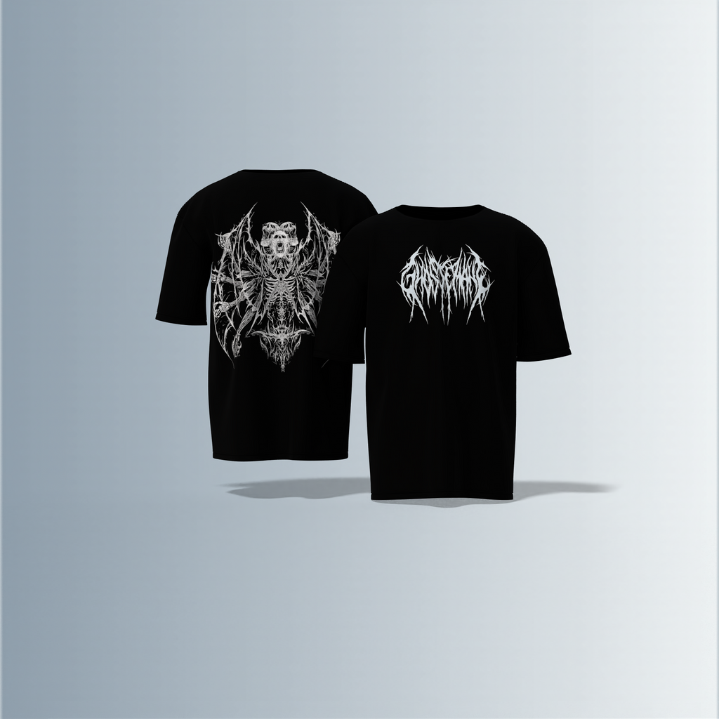 "Electric 'Soul Screamer’ Oversized Tee – Gothic Demon Skeleton with Winged Inferno Back Print & Drip Metal Front Logo"
