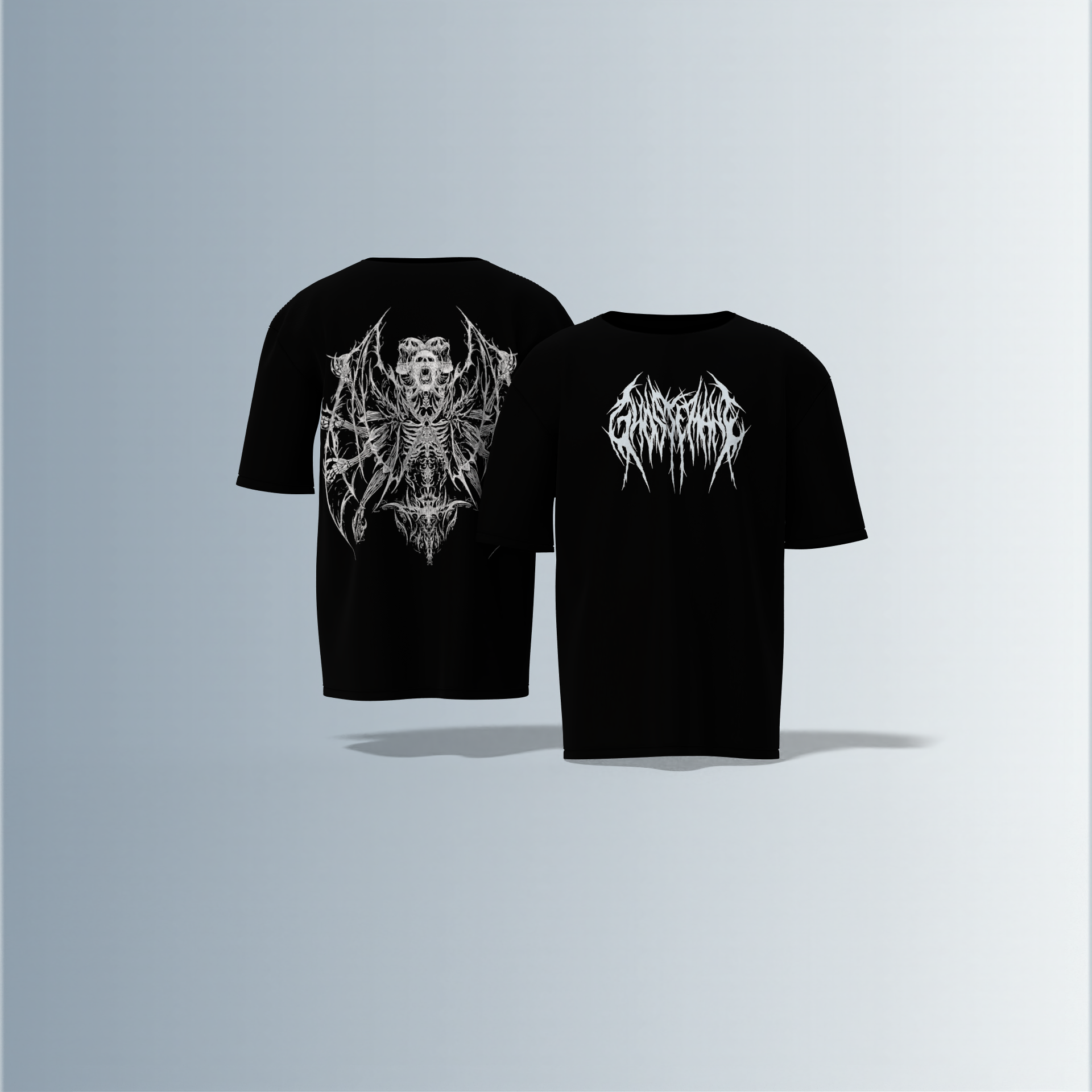 "Electric 'Soul Screamer’ Oversized Tee – Gothic Demon Skeleton with Winged Inferno Back Print & Drip Metal Front Logo"