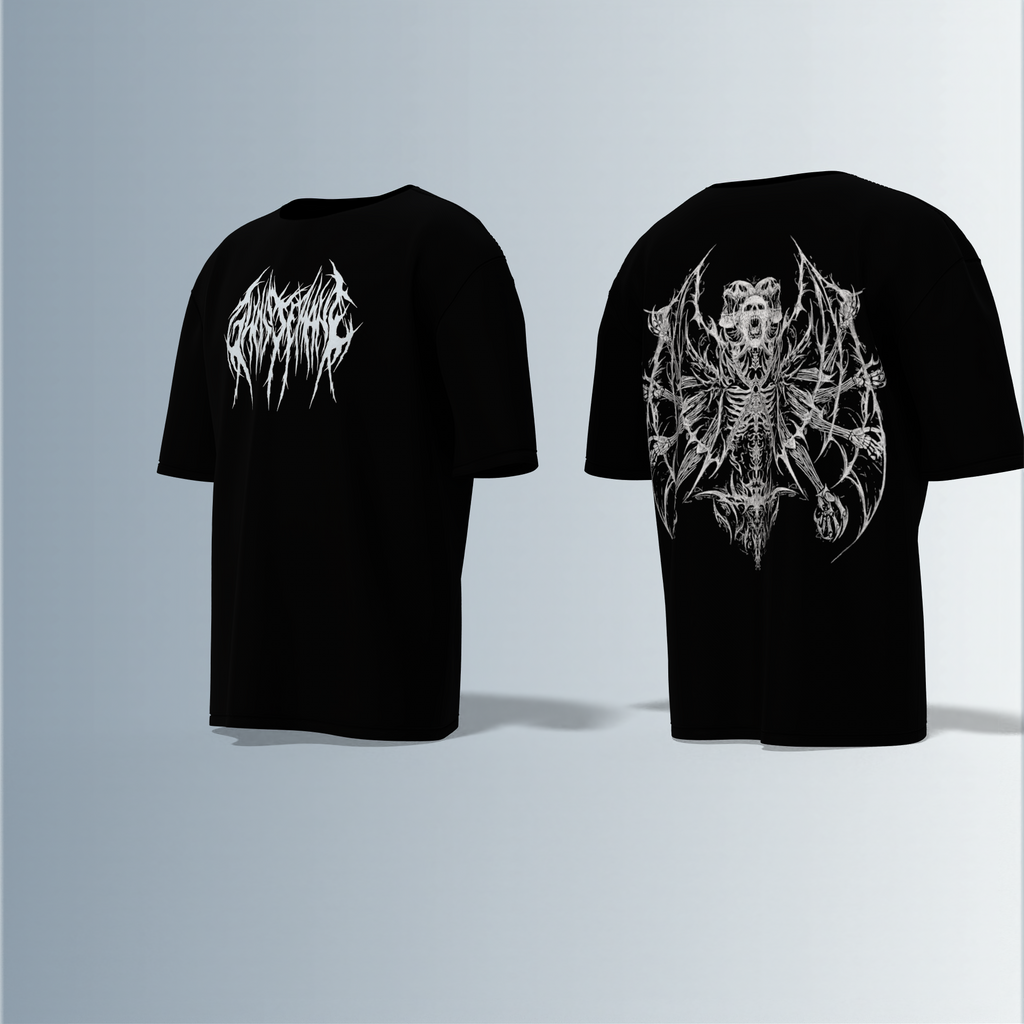 "Electric 'Soul Screamer’ Oversized Tee – Gothic Demon Skeleton with Winged Inferno Back Print & Drip Metal Front Logo"
