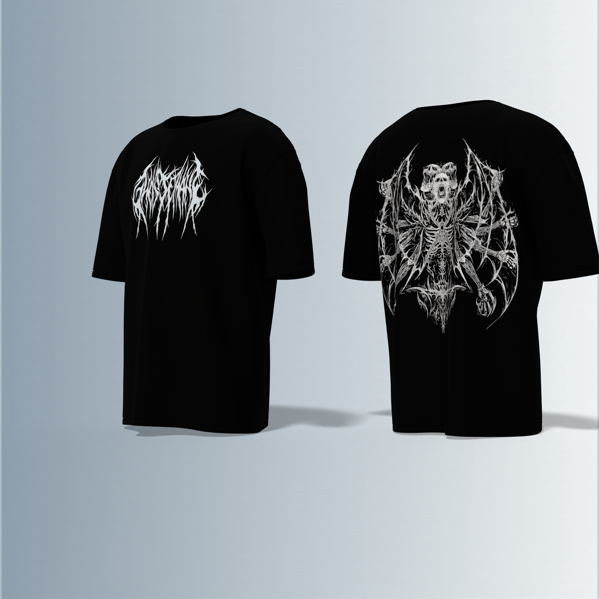 "Electric 'Soul Screamer’ Oversized Tee – Gothic Demon Skeleton with Winged Inferno Back Print & Drip Metal Front Logo"