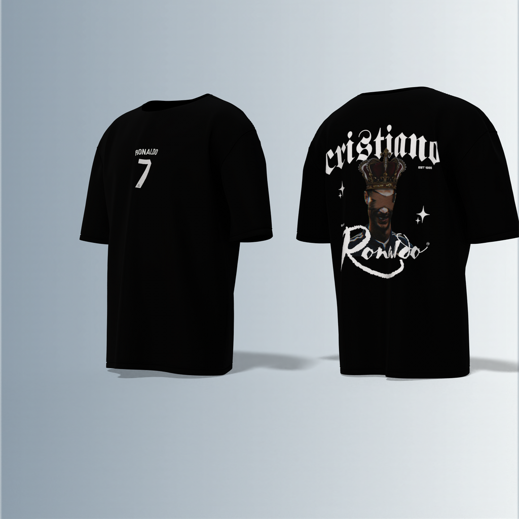 "Oversized Football Streetwear T-Shirt – Bold ‘Cristiano Ronaldo’ Typography with Crowned Portrait & Jersey-Style Number 7 Graphic"