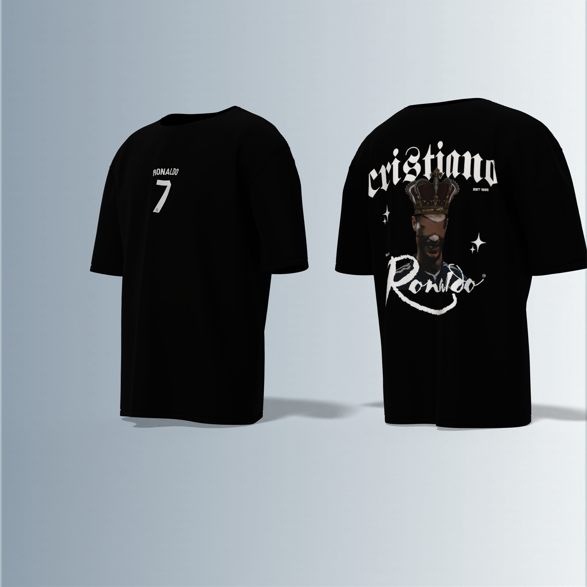 "Oversized Football Streetwear T-Shirt – Bold ‘Cristiano Ronaldo’ Typography with Crowned Portrait & Jersey-Style Number 7 Graphic"