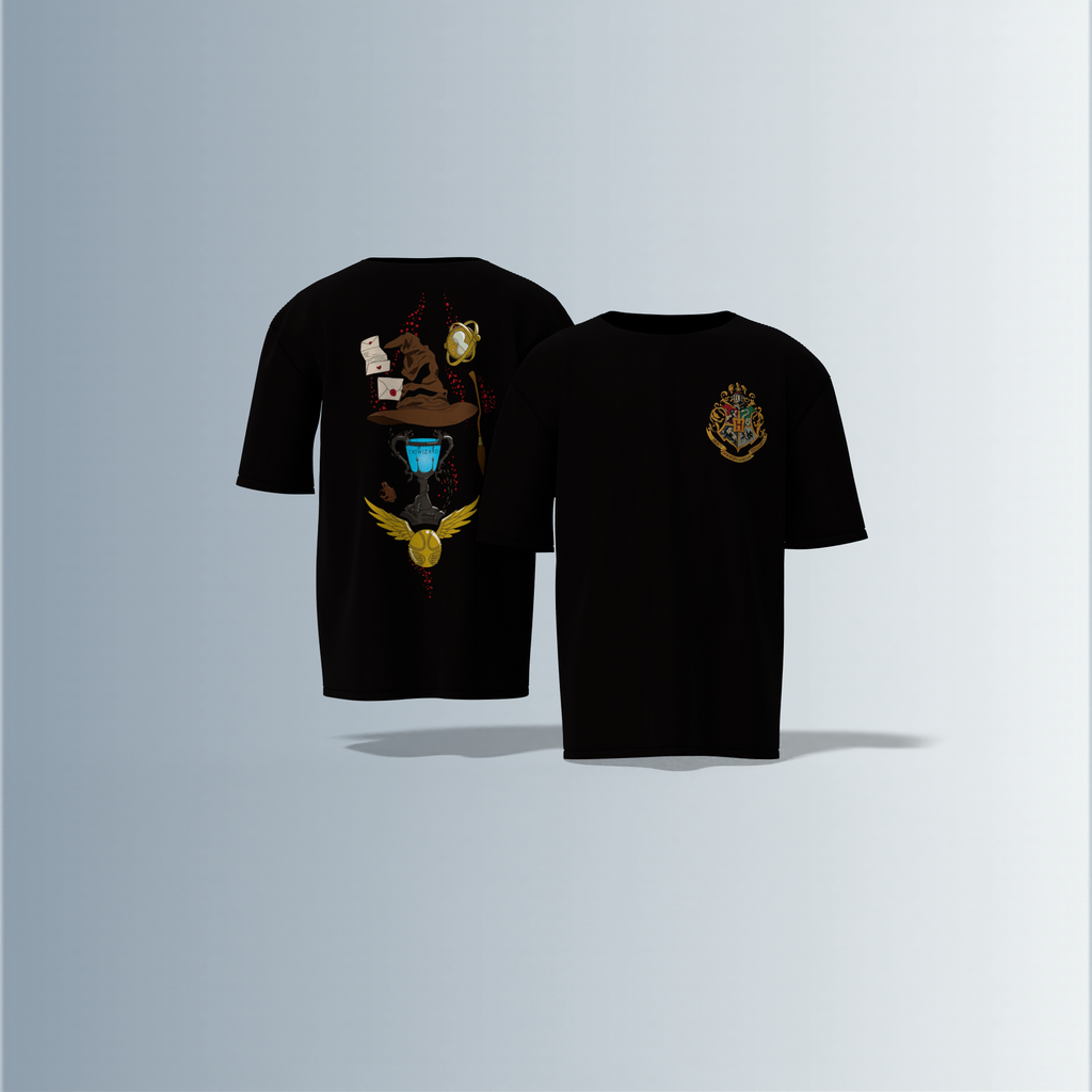 "Oversized Wizarding Streetwear T-Shirt – Minimal Front Crest Featuring Magical School Emblem Inspired by Fantasy Lore"