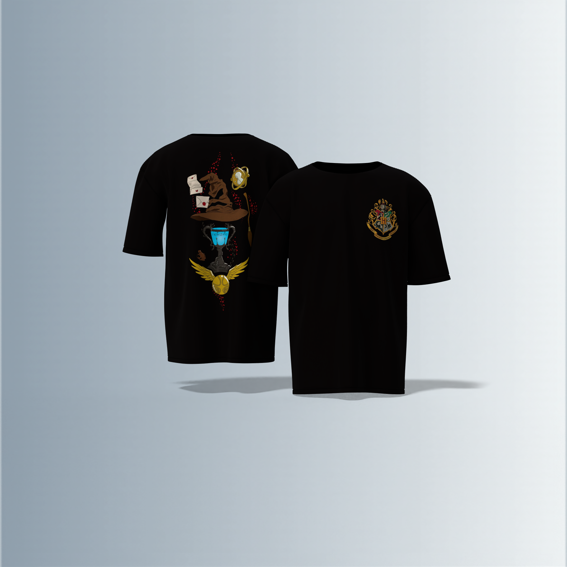 "Oversized Wizarding Streetwear T-Shirt – Minimal Front Crest Featuring Magical School Emblem Inspired by Fantasy Lore"