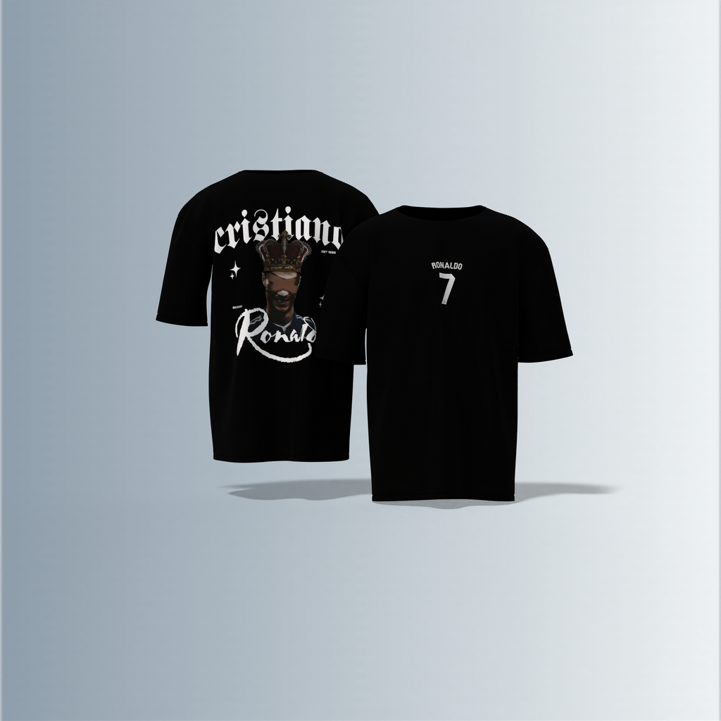 "Oversized Football Streetwear T-Shirt – Bold ‘Cristiano Ronaldo’ Typography with Crowned Portrait & Jersey-Style Number 7 Graphic"