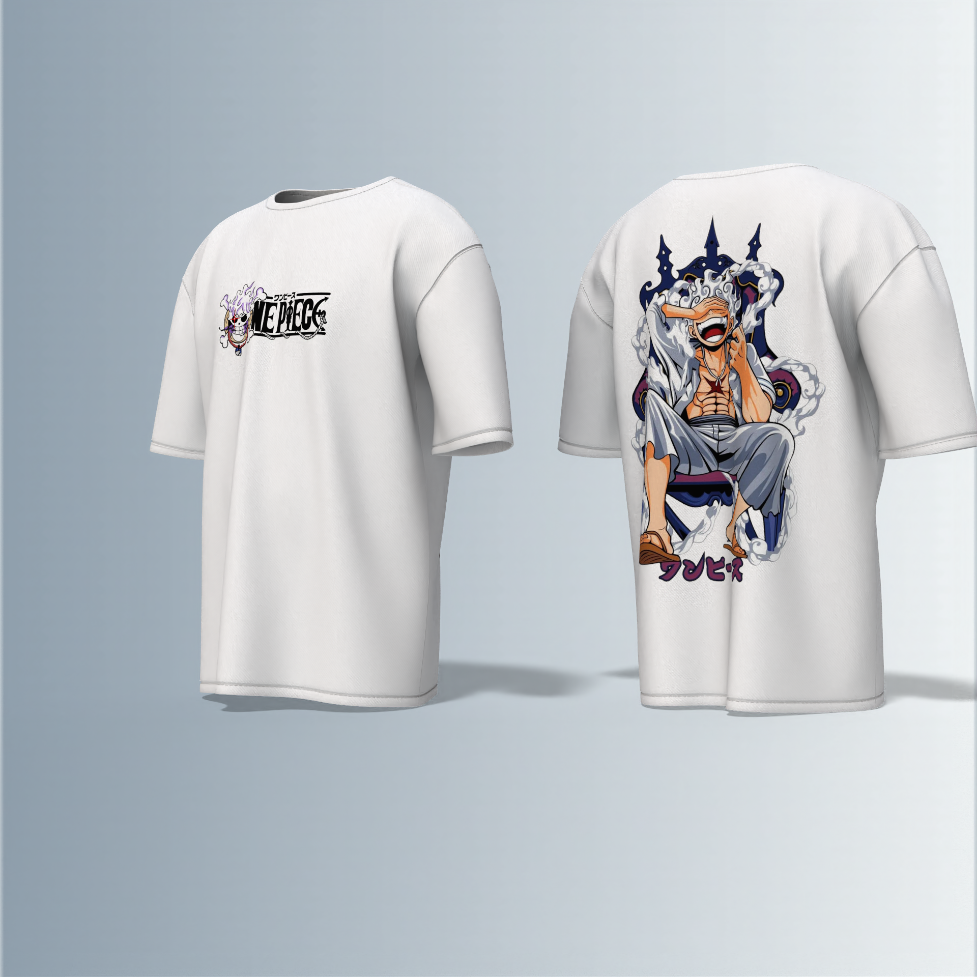 "Oversized Anime Graphic T-Shirt – ‘One Piece’ Throne Scene with Bold Japanese Typography & Iconic Luffy Chest Print"