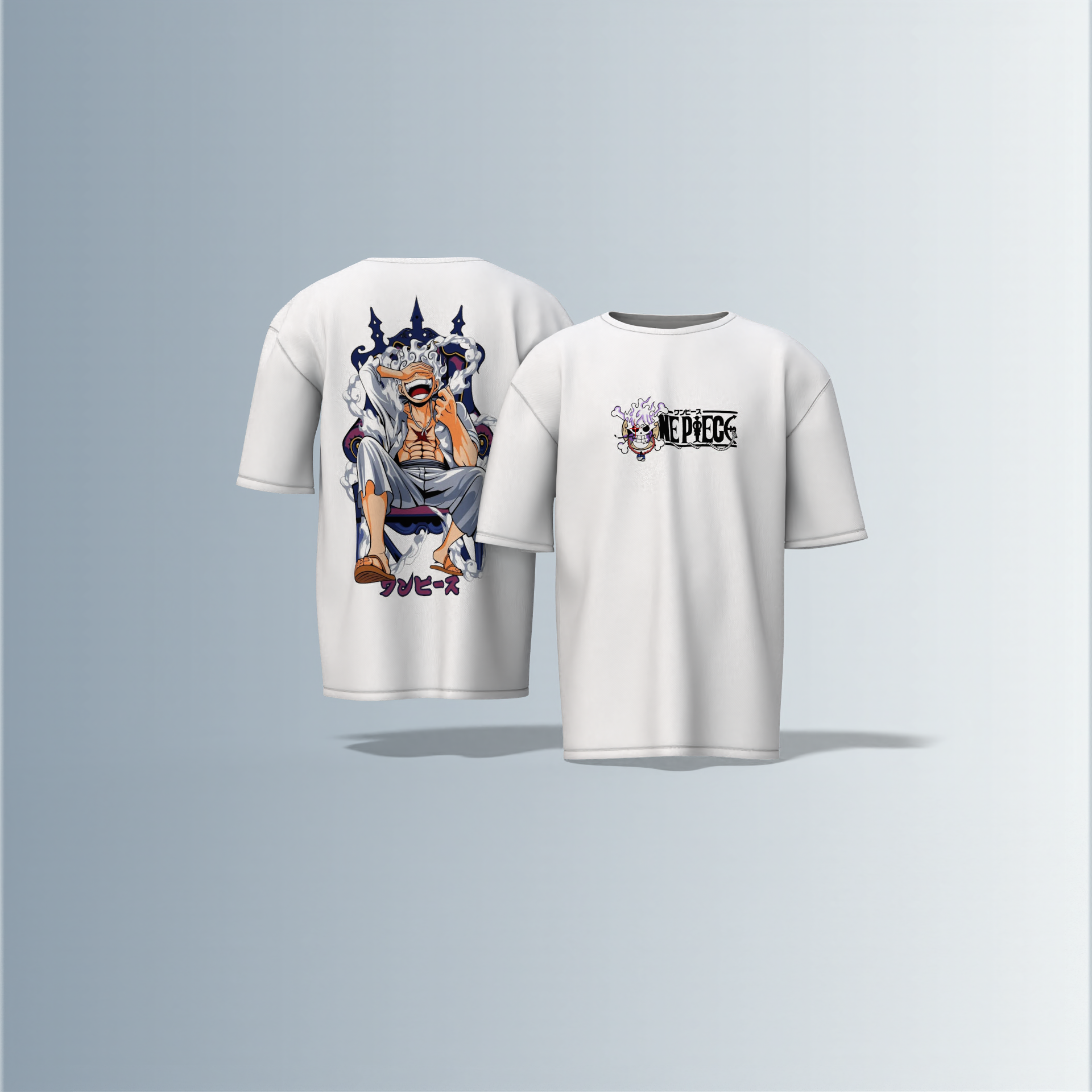 "Oversized Anime Graphic T-Shirt – ‘One Piece’ Throne Scene with Bold Japanese Typography & Iconic Luffy Chest Print"
