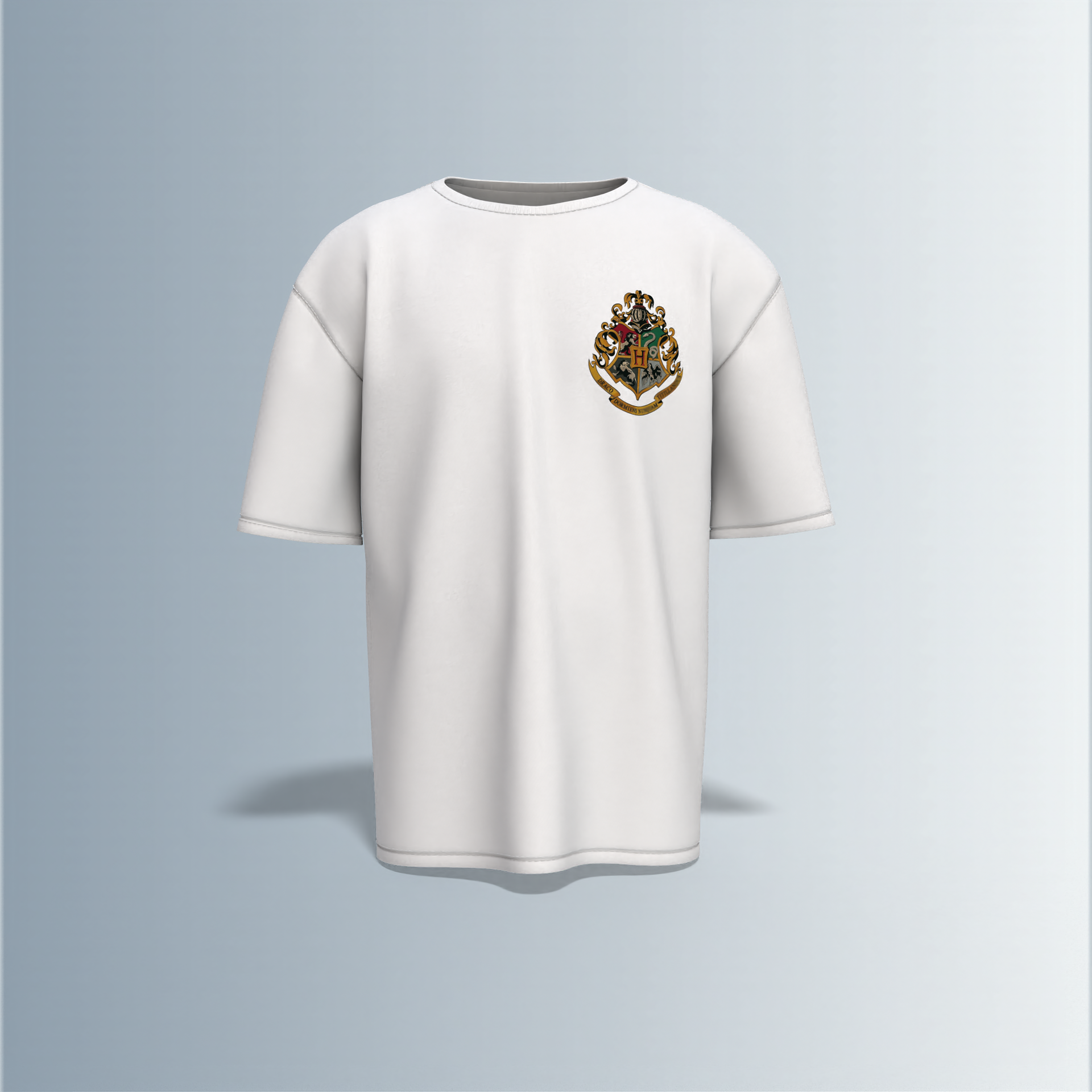 "Oversized Wizarding Streetwear T-Shirt – Minimal Front Crest Featuring Magical School Emblem Inspired by Fantasy Lore"