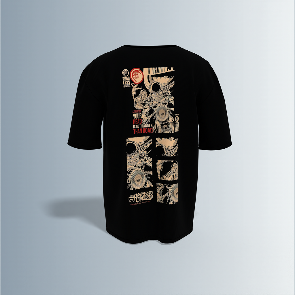 "Oversized Graphic Street Tee – Comic Panel Astronaut Art with Bold Quote ‘Your Head Is Not Harder Than Road’ in Grunge Beige & Red"