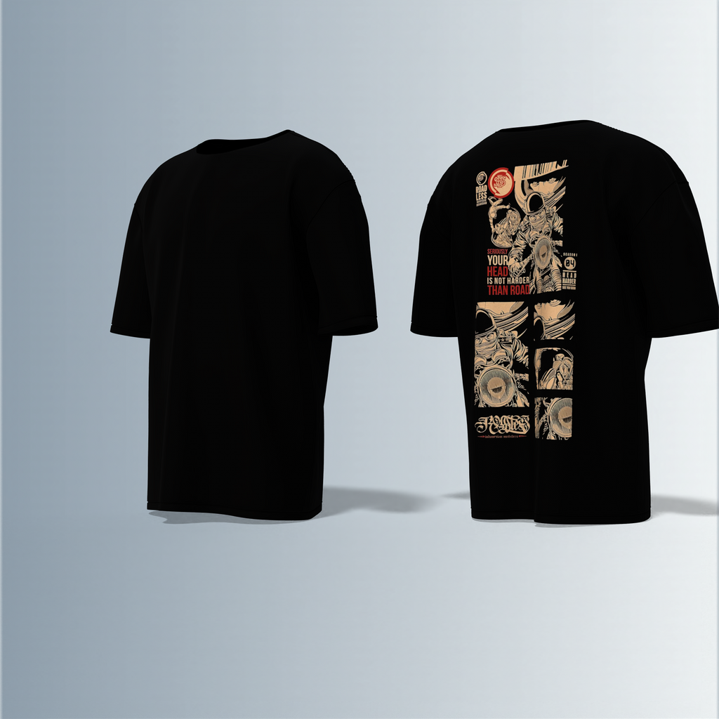 "Oversized Graphic Street Tee – Comic Panel Astronaut Art with Bold Quote ‘Your Head Is Not Harder Than Road’ in Grunge Beige & Red"