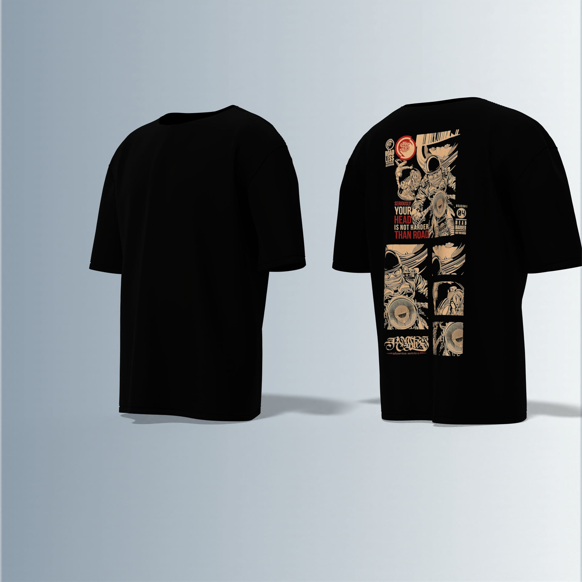 "Oversized Graphic Street Tee – Comic Panel Astronaut Art with Bold Quote ‘Your Head Is Not Harder Than Road’ in Grunge Beige & Red"