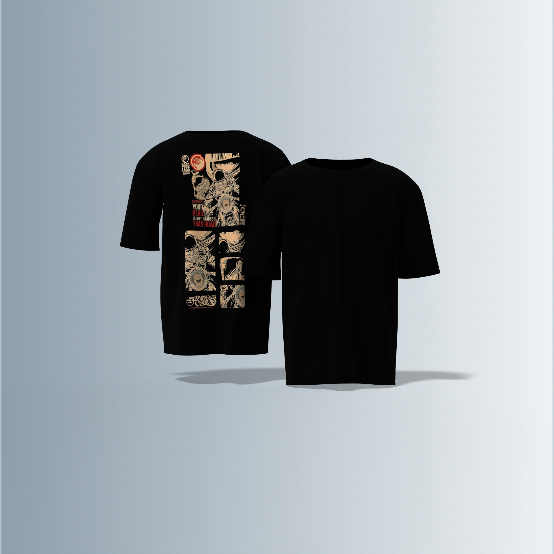 "Oversized Graphic Street Tee – Comic Panel Astronaut Art with Bold Quote ‘Your Head Is Not Harder Than Road’ in Grunge Beige & Red"