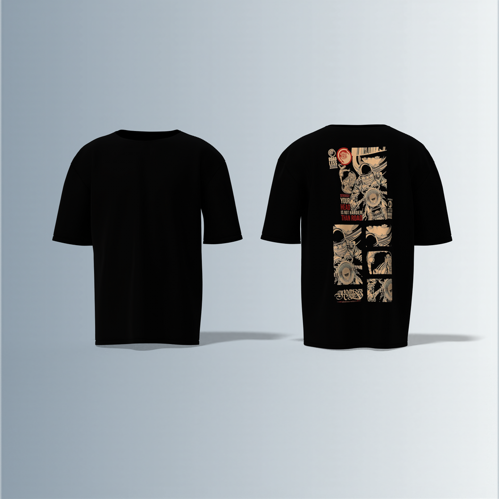 "Oversized Graphic Street Tee – Comic Panel Astronaut Art with Bold Quote ‘Your Head Is Not Harder Than Road’ in Grunge Beige & Red"