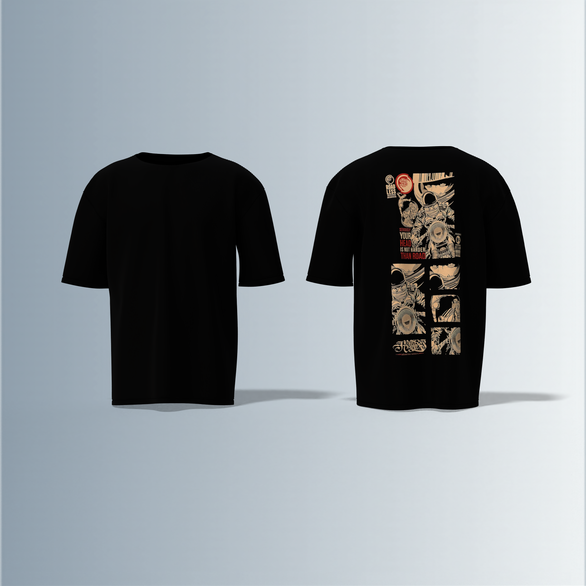 "Oversized Graphic Street Tee – Comic Panel Astronaut Art with Bold Quote ‘Your Head Is Not Harder Than Road’ in Grunge Beige & Red"