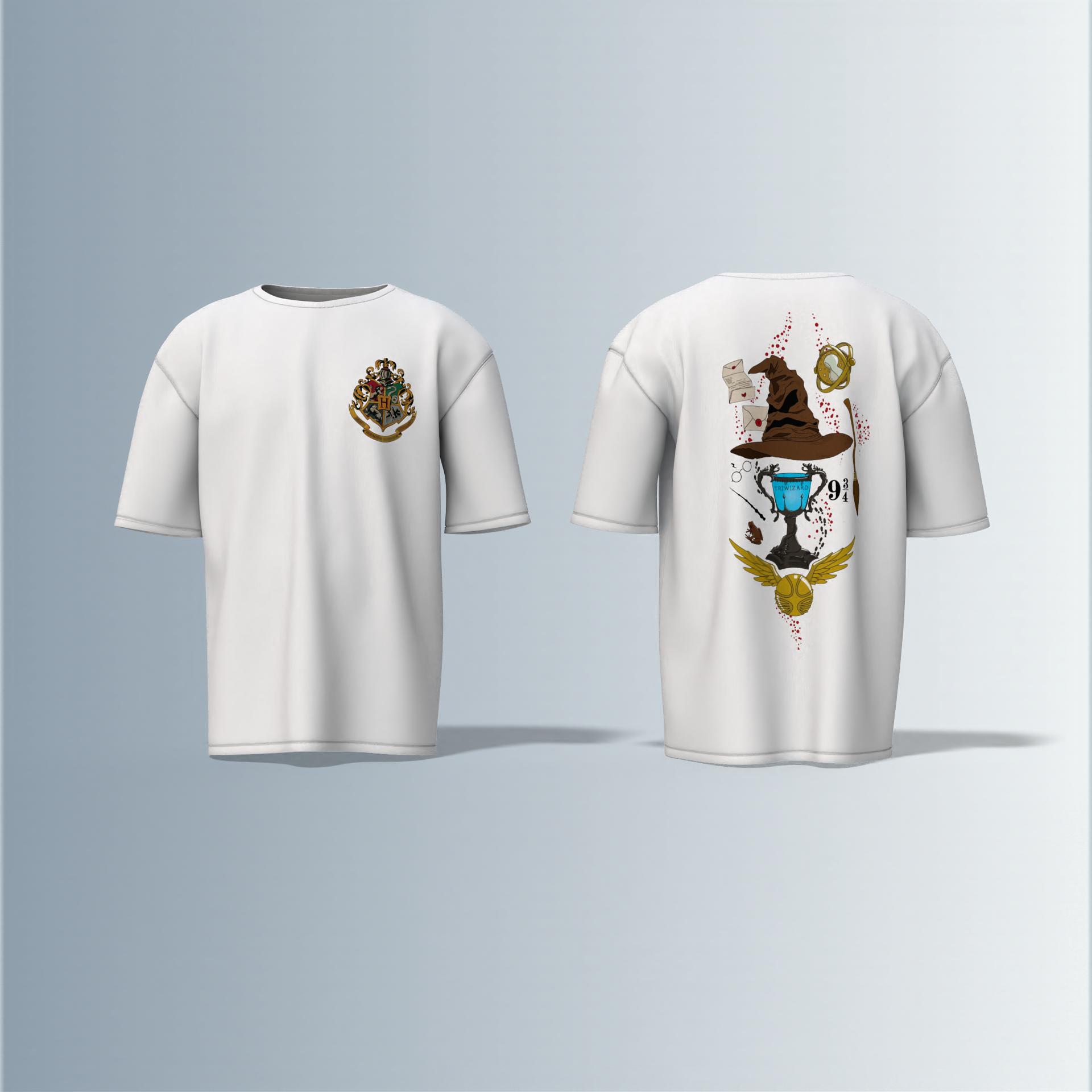 "Oversized Wizarding Streetwear T-Shirt – Minimal Front Crest Featuring Magical School Emblem Inspired by Fantasy Lore"