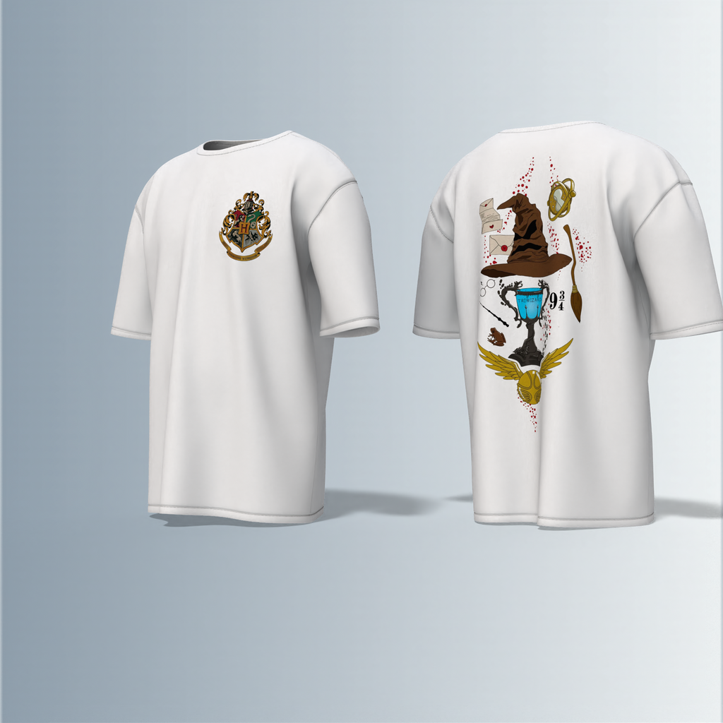 "Oversized Wizarding Streetwear T-Shirt – Minimal Front Crest Featuring Magical School Emblem Inspired by Fantasy Lore"