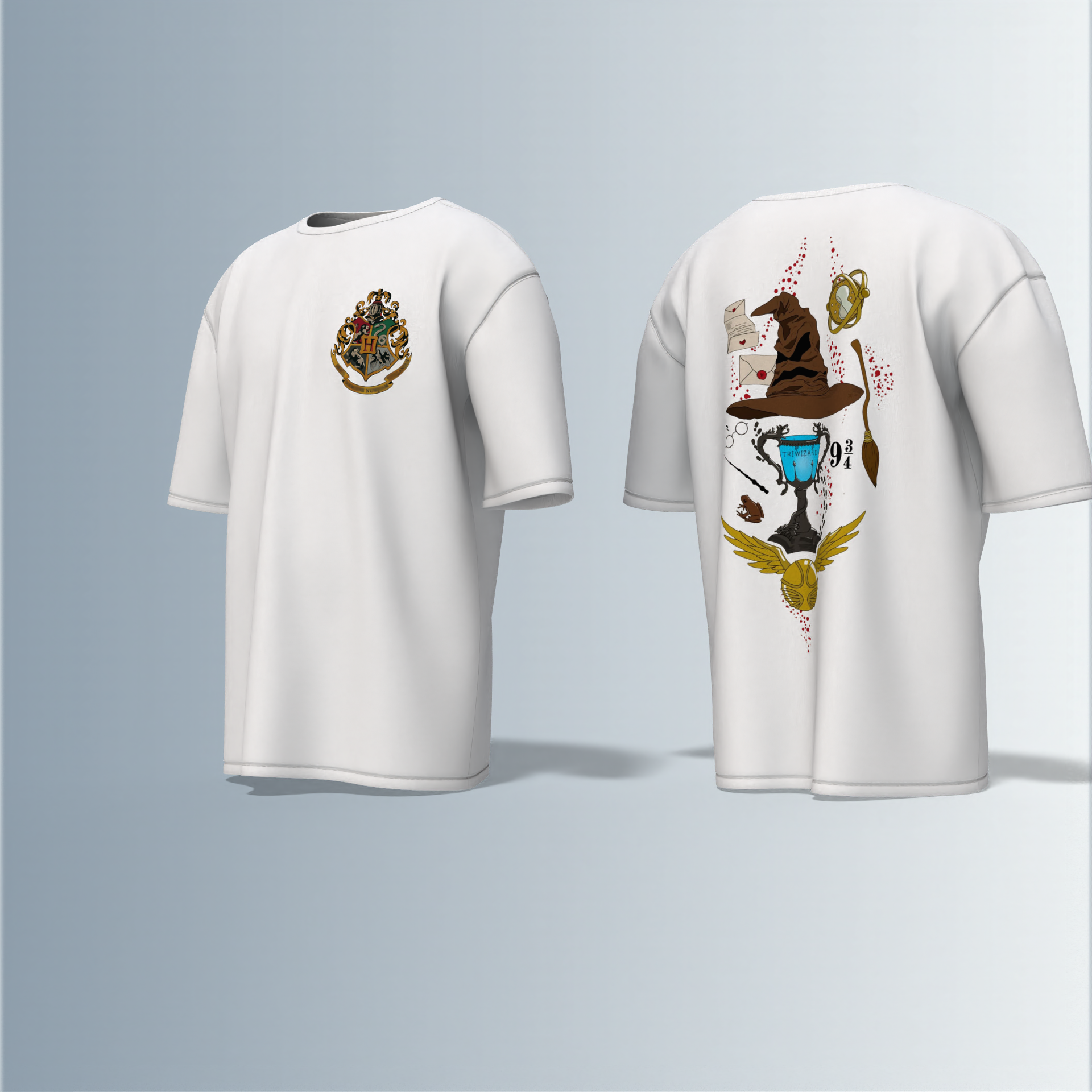 "Oversized Wizarding Streetwear T-Shirt – Minimal Front Crest Featuring Magical School Emblem Inspired by Fantasy Lore"
