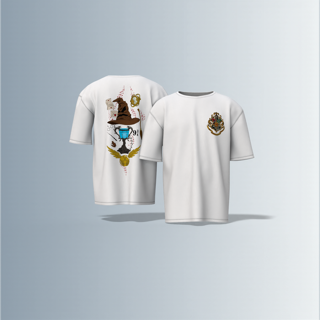 "Oversized Wizarding Streetwear T-Shirt – Minimal Front Crest Featuring Magical School Emblem Inspired by Fantasy Lore"