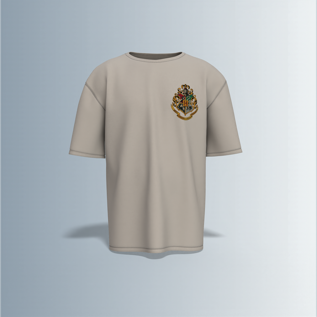 "Oversized Wizarding Streetwear T-Shirt – Minimal Front Crest Featuring Magical School Emblem Inspired by Fantasy Lore"
