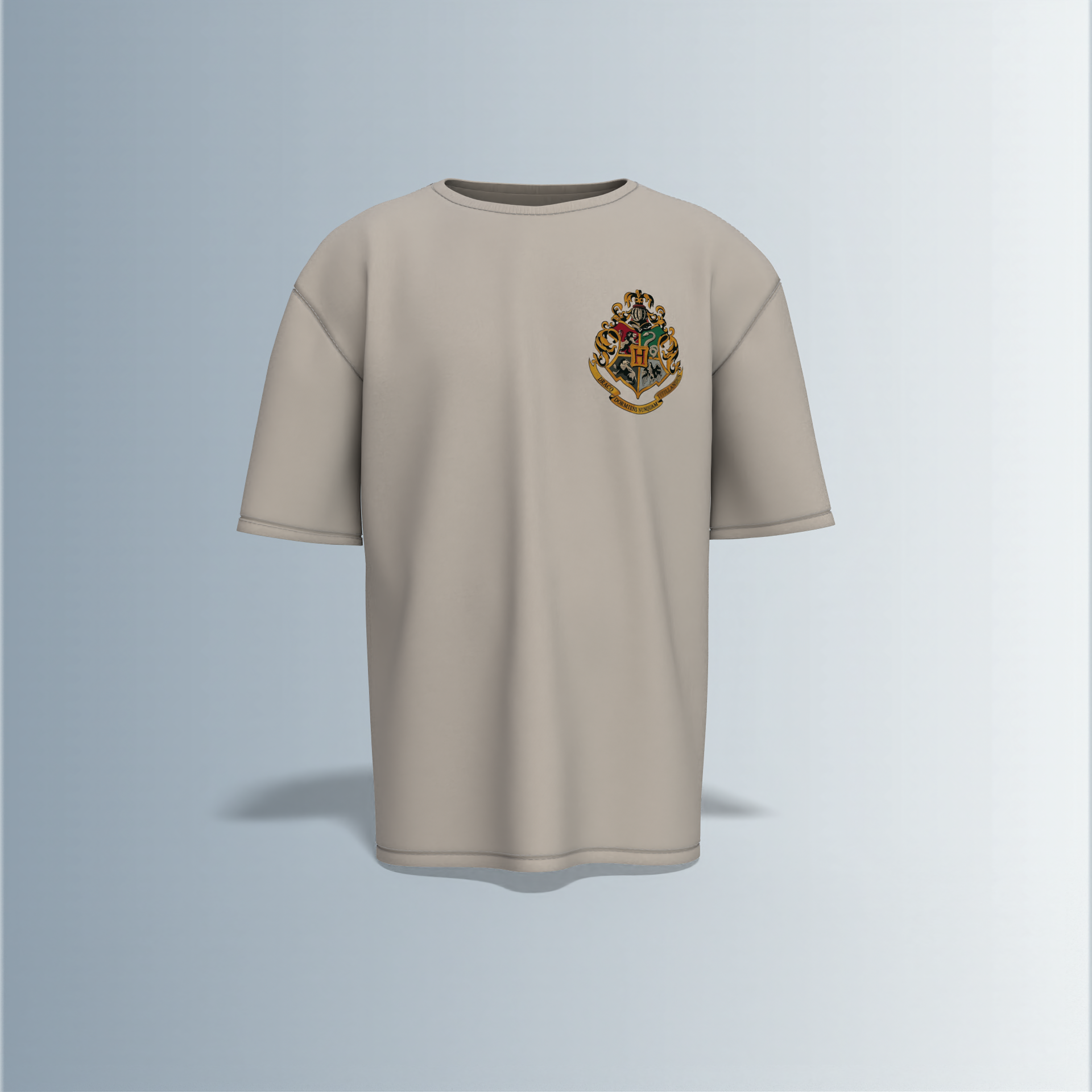 "Oversized Wizarding Streetwear T-Shirt – Minimal Front Crest Featuring Magical School Emblem Inspired by Fantasy Lore"